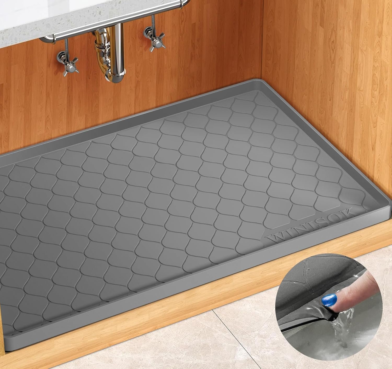 Winisok Waterproof Under Sink Mat 34″ x 22″, Silicone Mat, Dark Gray | Raised Edge Traps Spills & Leaks, Shelf Liner, Cabinet Protector, for Kitchen, Bathroom, Boots, Pets, Home Essentials