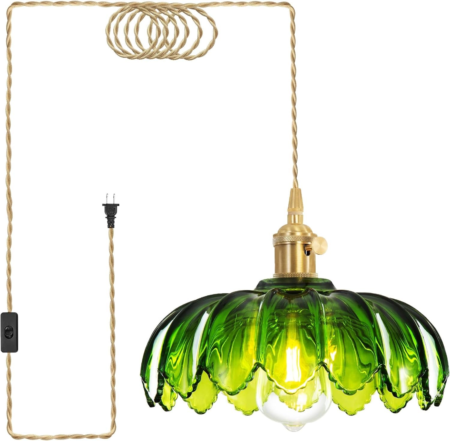 Plug in Pendant Light, Hanging Lights with Plug in Cord | Hanging Light Fixture with Green Glass, E26 Pendant Lighting for Kitchen Island, Bedroom, Dining Room, Living Room