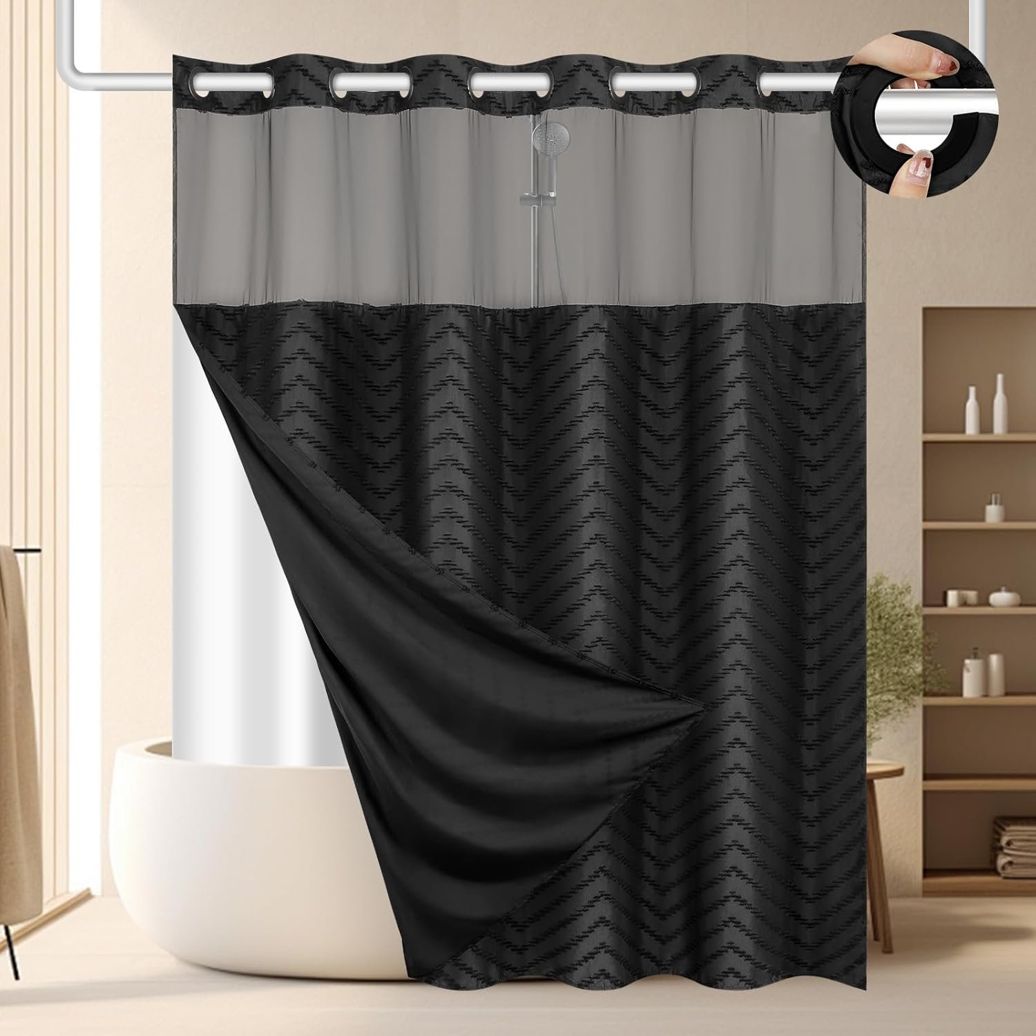 FADOTY Black No Hook Shower Curtain Set with Snap in Liner, 71” x 74” | Bathroom Hotel Fabric Curtain, Waterproof Washable Liner, See Through Top Window, Ringless Chevron Tufted Cloth Curtain