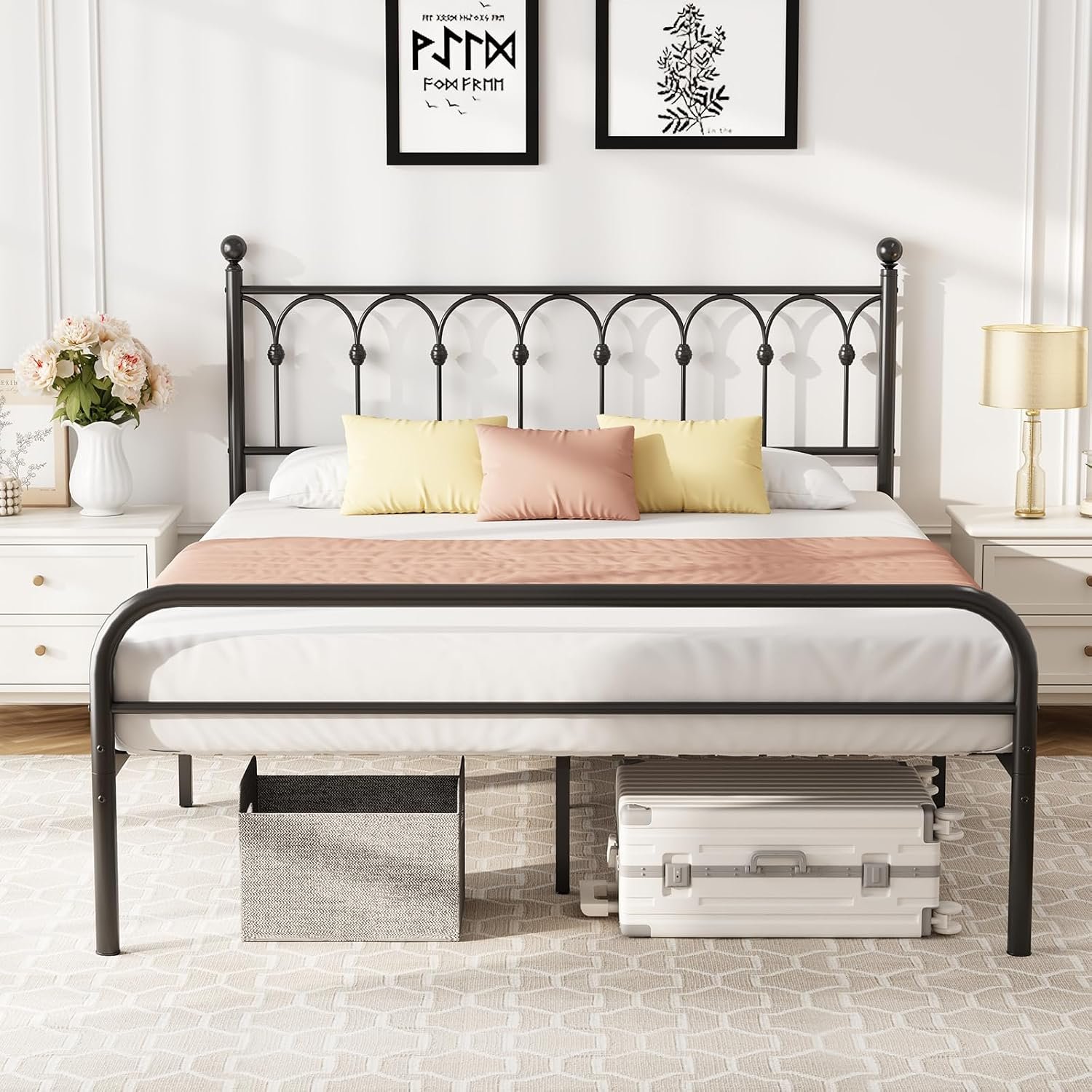 DUMOS Full Size Bed Frame Heavy Duty Metal Platform with 11.9″ Under-Bed Storage, Heavy Duty Steel Slat Support with Iron-Art Headboard, No Box Spring Needed, Noise-Free, Modern Black