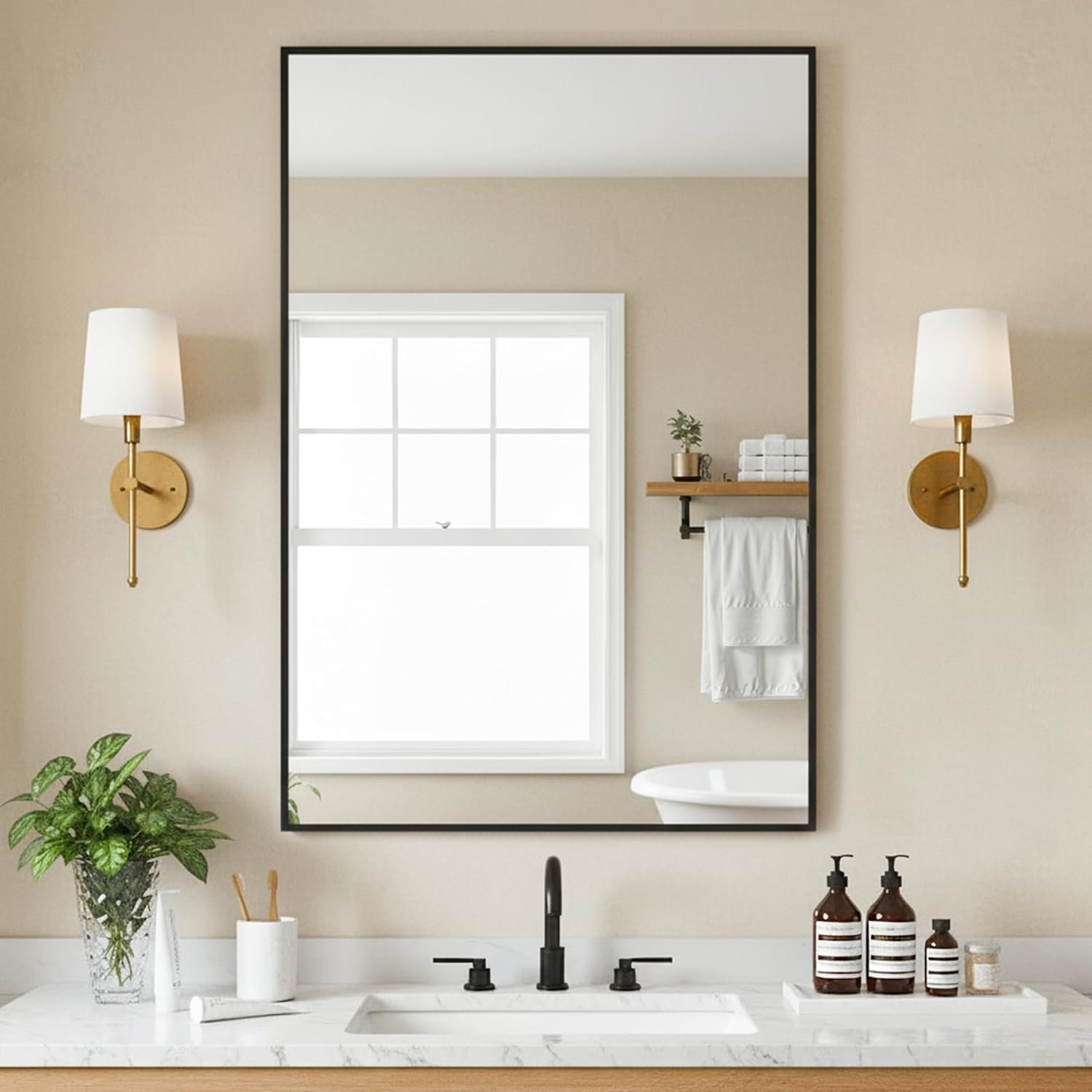 FICTOR Bathroom Vanity Mirror for Over Sink, 24″ x 36″, Black | Anti-Rust Frame, Shatterproof Tempered Glass, Vertical/Horizontal Wall Mounted Mirror for Bedroom, Entryway, Living Room