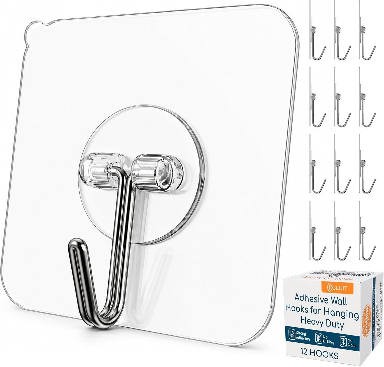 Adhesive Wall Hooks for Hanging, Heavy Duty No Drill, 22 lbs, 12 Pack | GLUIT Adhesive Wall Hooks for Hanging, Transparent Waterproof Sticky Towel Hook for Bathroom Kitchen Home Outdoor