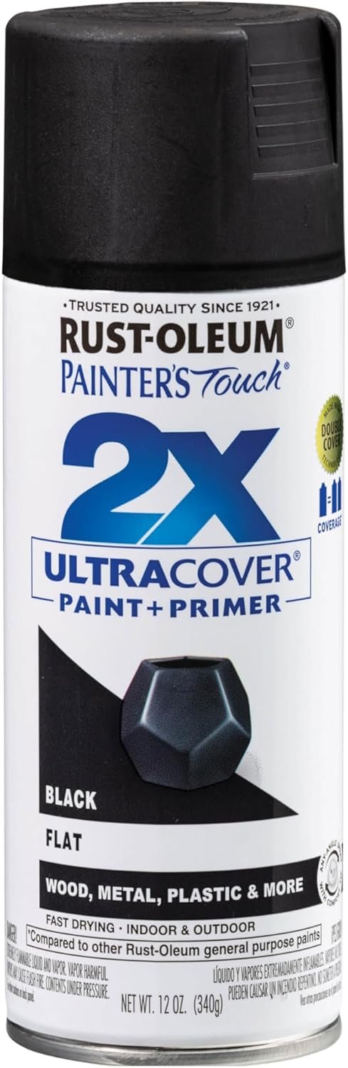 Rust-Oleum Painter’s Touch 2X Ultra Cover Spray Paint, Flat Black | Indoor and Outdoor Surfaces (Metal, Wood, Plastic), Fast Dry, Durable, Sprays from Any Angle, Comfort Tip, Oil Based