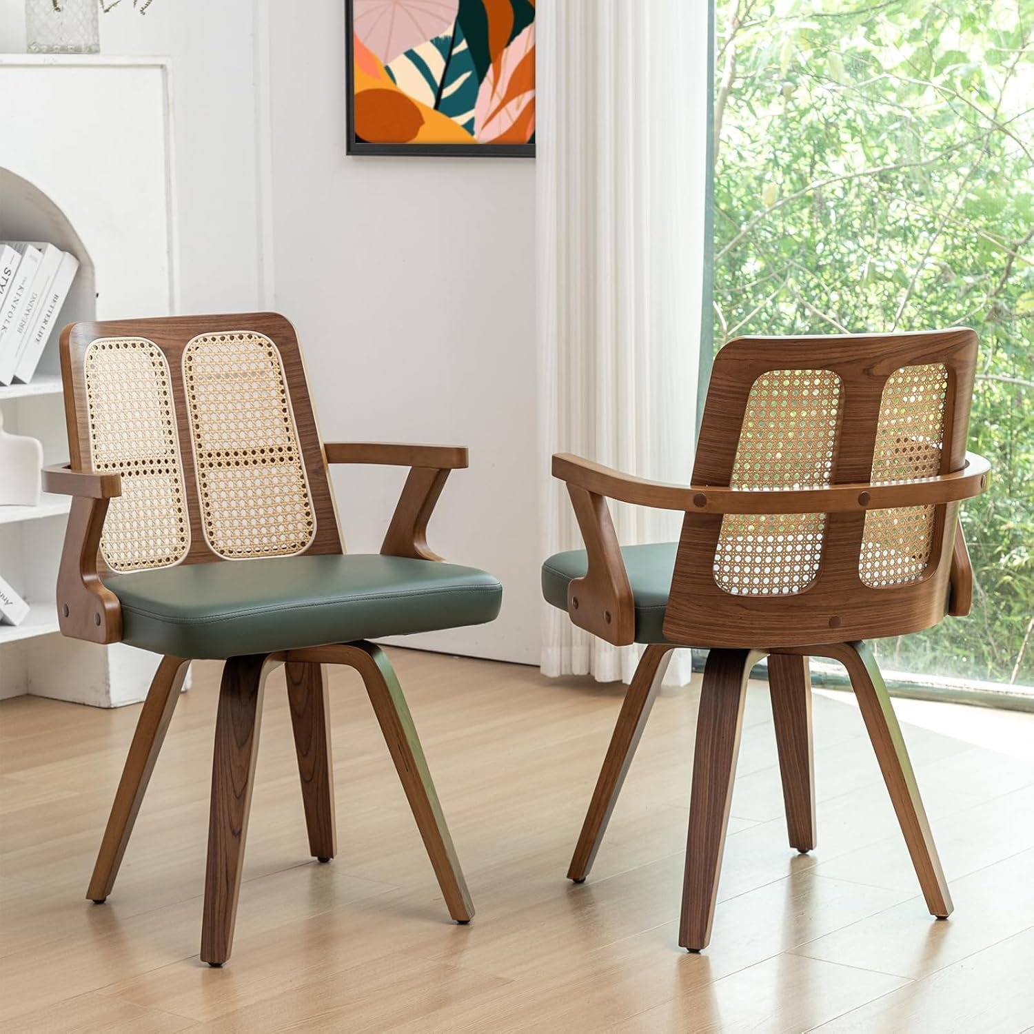 Walnut Dining Chairs – Swivel Rattan Dining Chairs with Bentwood Frame with Ergonomic Cane Back, Curved Arms, MCM Dining Chairs for Kitchen/Restaurant/Living Room/Conference (Walnut Green, Set of 2)