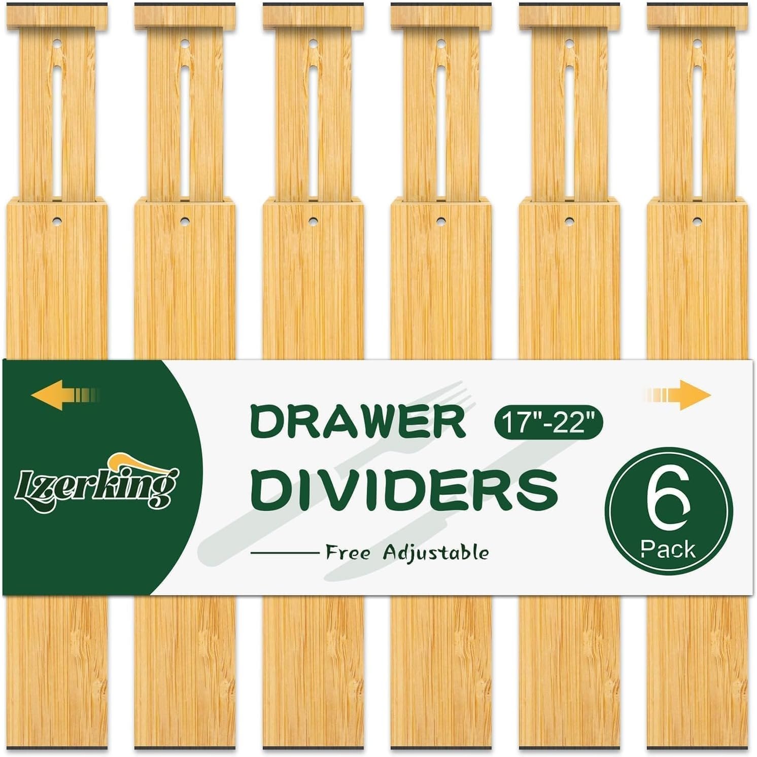 Kitchen Drawer Dividers 6 Pack Bamboo Drawer Organizers | 17-22″ Adjustable, Spring Loaded, Expandable Utensil Organizer, Works in Kitchen, Dresser, Closet, Bathroom, Bedroom