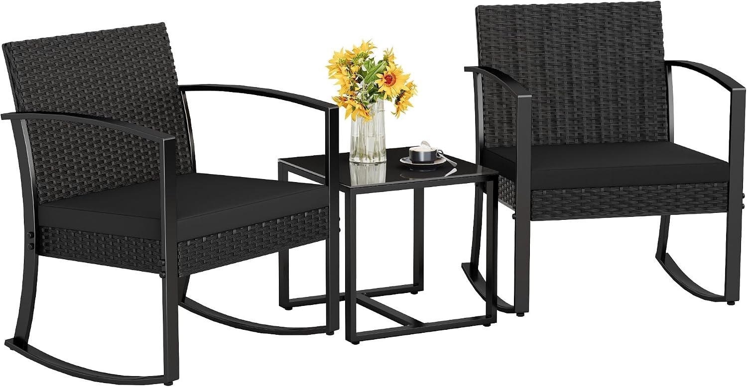 Homall Patio Furniture Set 3 Piece Resin Outdoor Bistro Set Rocking Patio Chairs with Cushions and Table for Porch, Poolside, Balcony and Yard (Black) | Patio Furniture Set 3 Piece Rocking Patio Chairs with Cushions and Table for Porch, Poolside, Balcony and Yard
