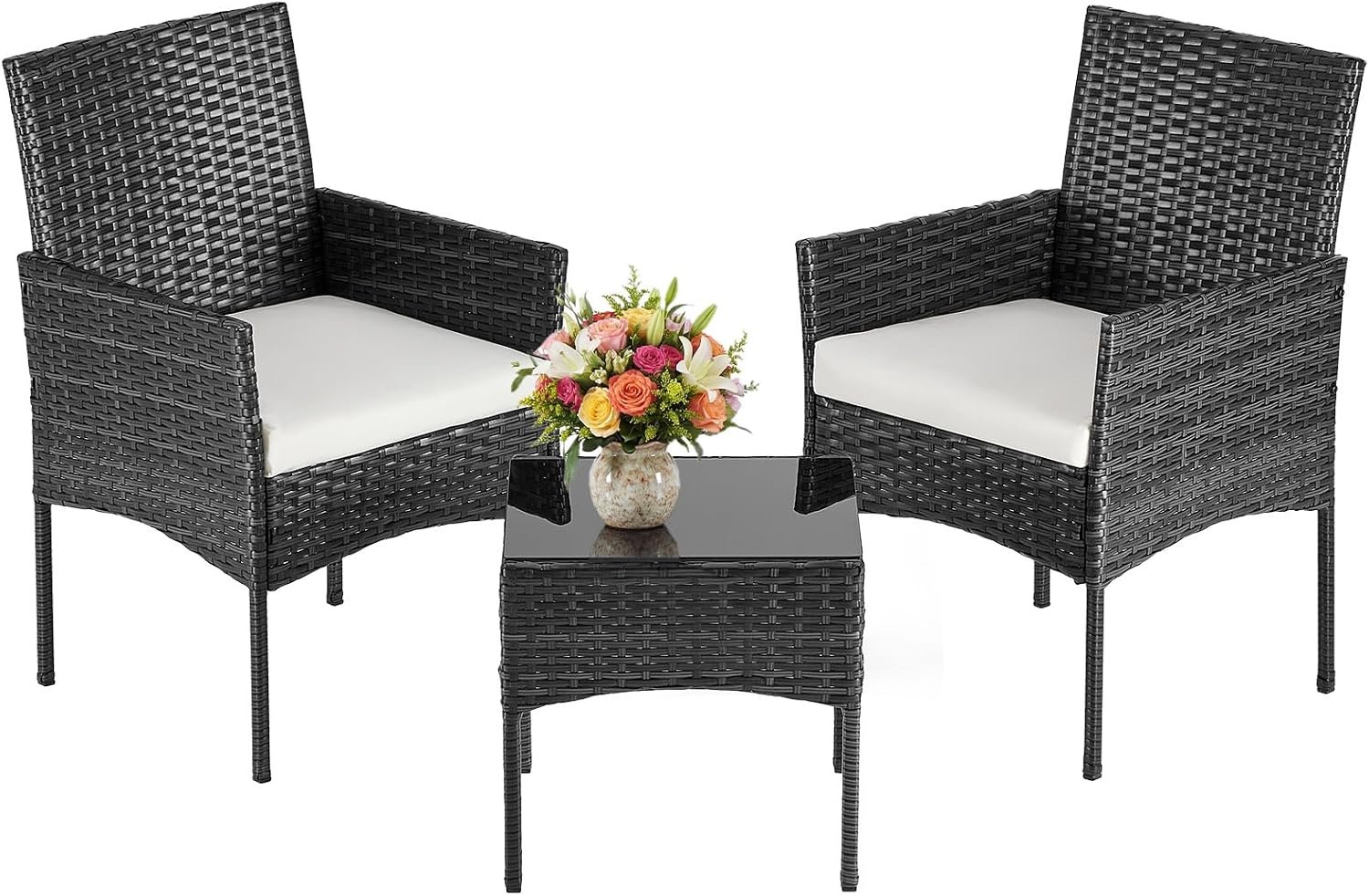DUMOS Patio Furniture Set 3-Piece, Outdoor Wicker Bistro Set, Black | All-Weather Rattan Chairs, Removable Cushions, Tempered Glass Table, Small Conversation For Porch Balcony Lawn Backyard