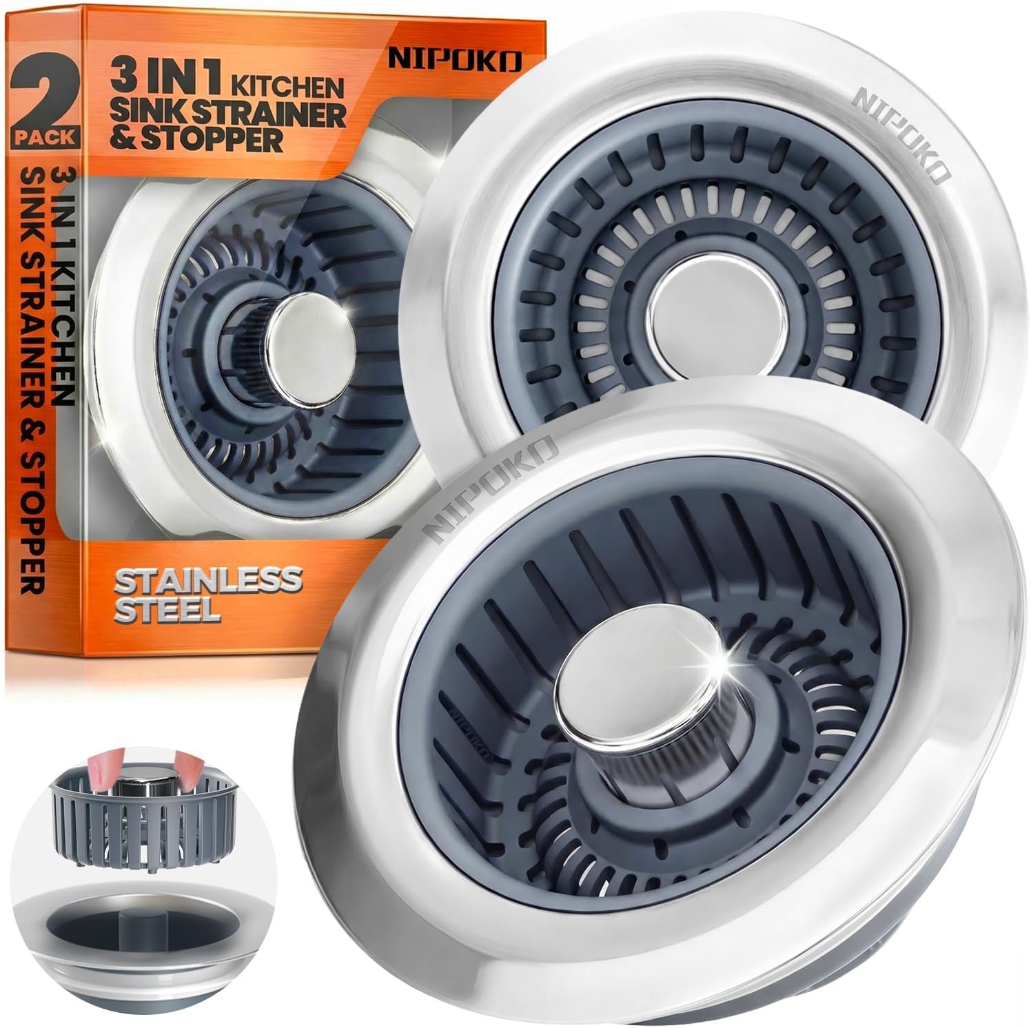 3 in 1 Kitchen Sink Drain Strainer Stopper Basket Pop Up Silver | Kitchen Sink Accessories Strainer Basket 2 Pack Silver,Stainless Steel Anti-Clog Catcher, Odor-Blocking Seal Fits 3.5″ Drain