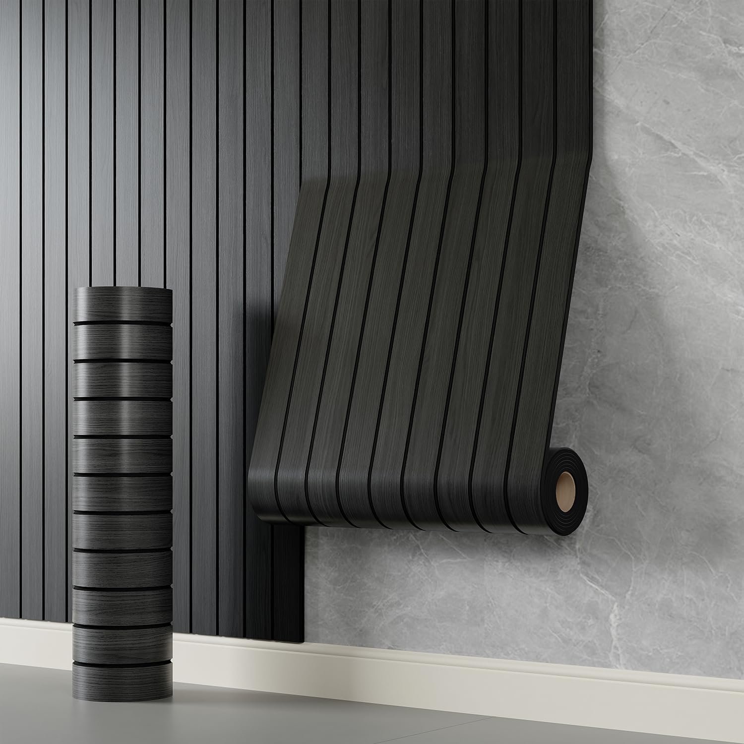 YLL YLL PVC Slat Wall Panel Peel and Stick 236″x 15.7″ Faux Black Wood Grain Slat Panel Self-Adhesive Wallpaper Soundproof 3D Wall Panels