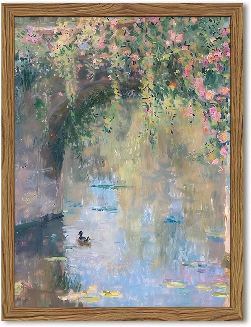 Framed Vintage Monet Canvas Wall Art, Floral Landscape Wall Decor Paintings, Country Nature Pictures Prints Aesthetic Home Decor for Living Room Bedroom Bathroom 8×10 inch