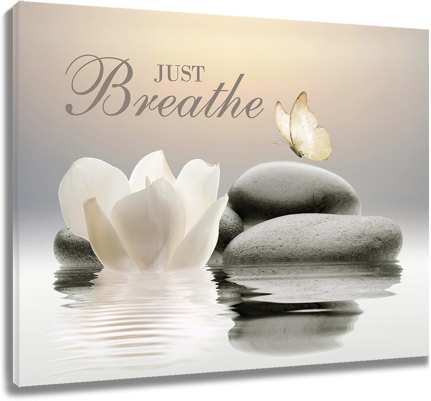 EOBTAIN Zen Flower Canvas Wall Art Bathroom Butterfly and Water Lily Stone Relaxing Spiritual Yoga Framed Wall Art Just Breathe Pictures Canvas Wall Decor for Living Room Bedroom,12×16 Inches