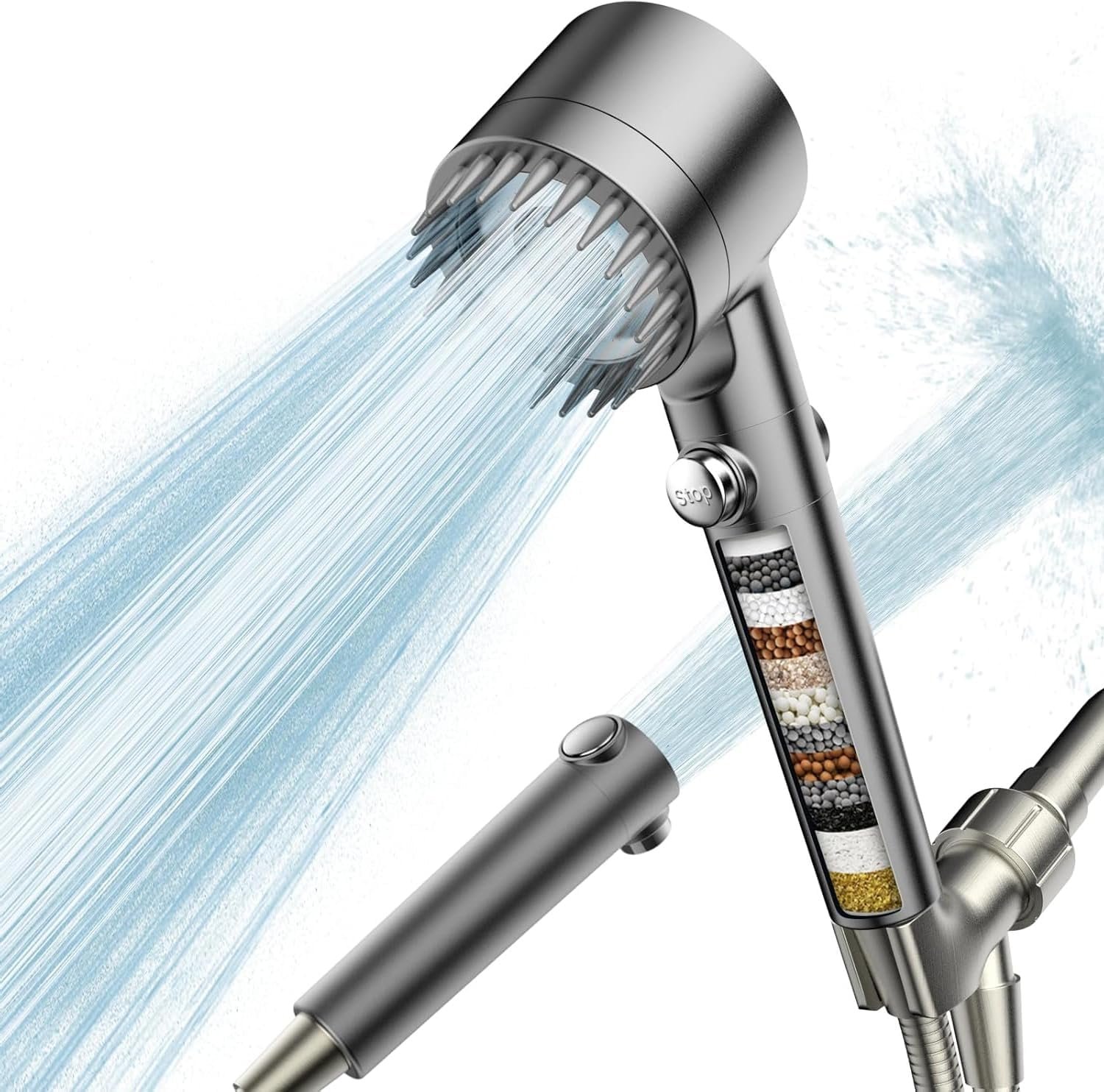 PWERAN Filtered Shower Head with Handheld,High Pressure Shower Heads Filter | ON/OFF Switch,4 Spray,Built-in Power Wash,Detachable Showerhead,Silicone Massage Brush,Remove Chlorine,Reduces Dry Itchy Skin