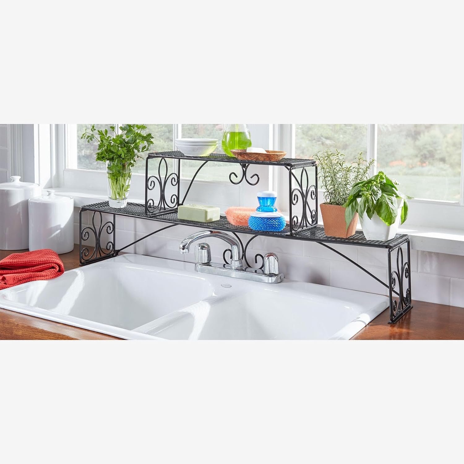 BrylaneHome Kitchen Scroll 2-Tier Over Sink Shelf Organizer – Black