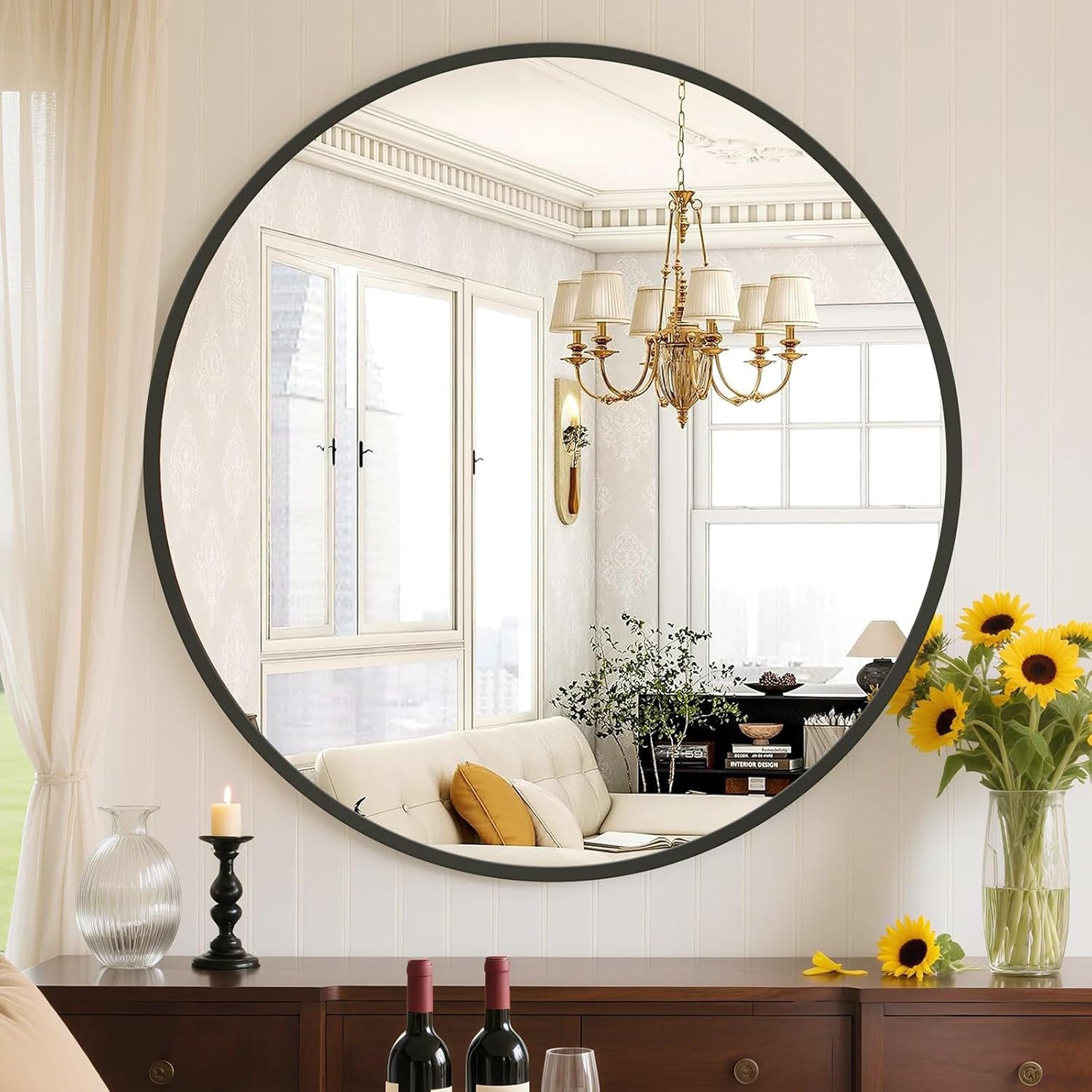 Sweetcrispy 24 Inch Round Wall Mirror, Bathroom Mirror for Over Sink | Tempered Glass, Anti-Fog & Waterproof Round Mirrors for Bathroom, Entryway, Bedroom, Shatterproof Design, Black