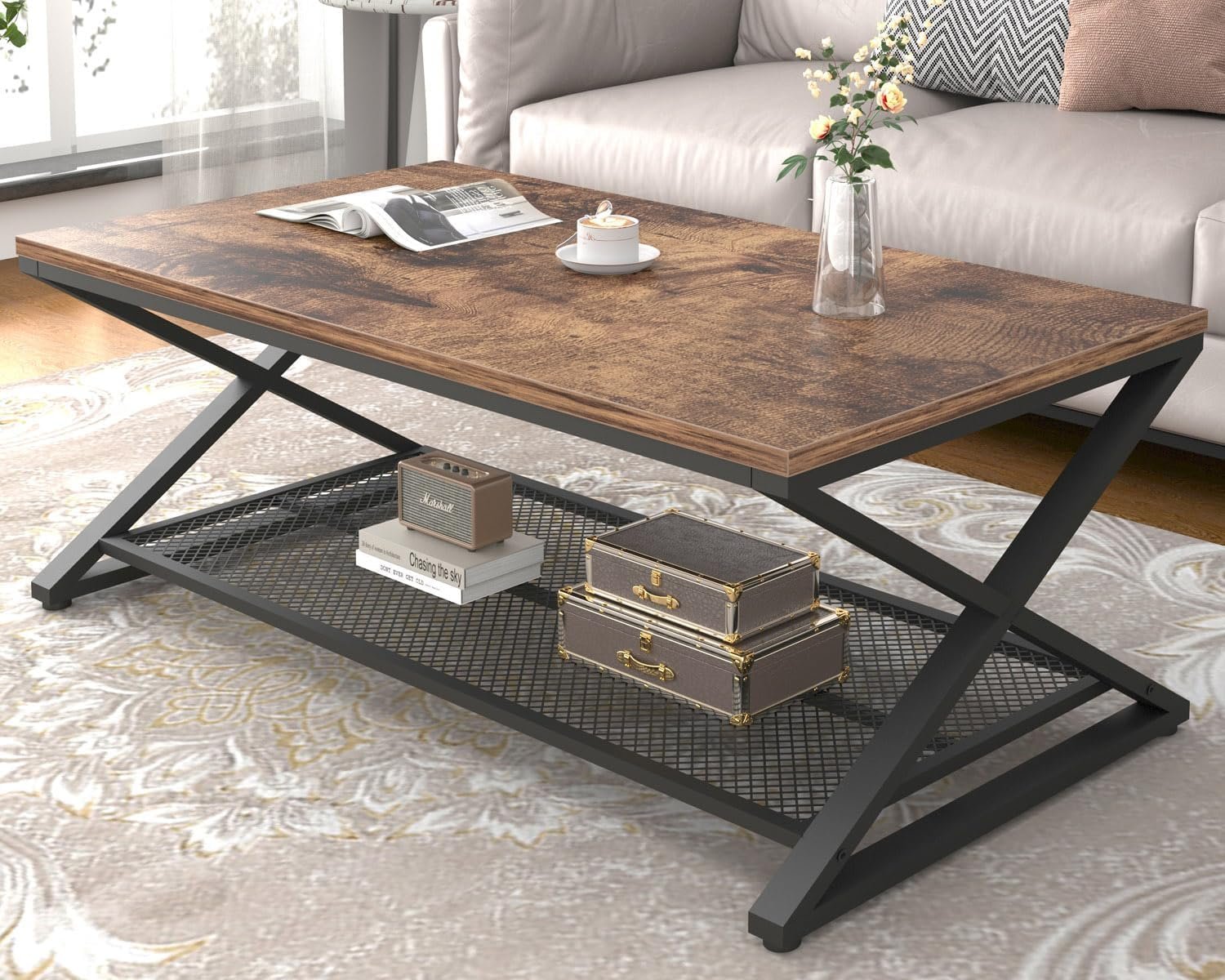LVB Coffee Table for Living Room, 2 Tier Tea Table, 47 inch, Rustic Brown | Industrial Metal Wood Coffee Table with Storage, Farmhouse Wooden Rectangle Center Table with Mesh Shelf for Office Bedroom