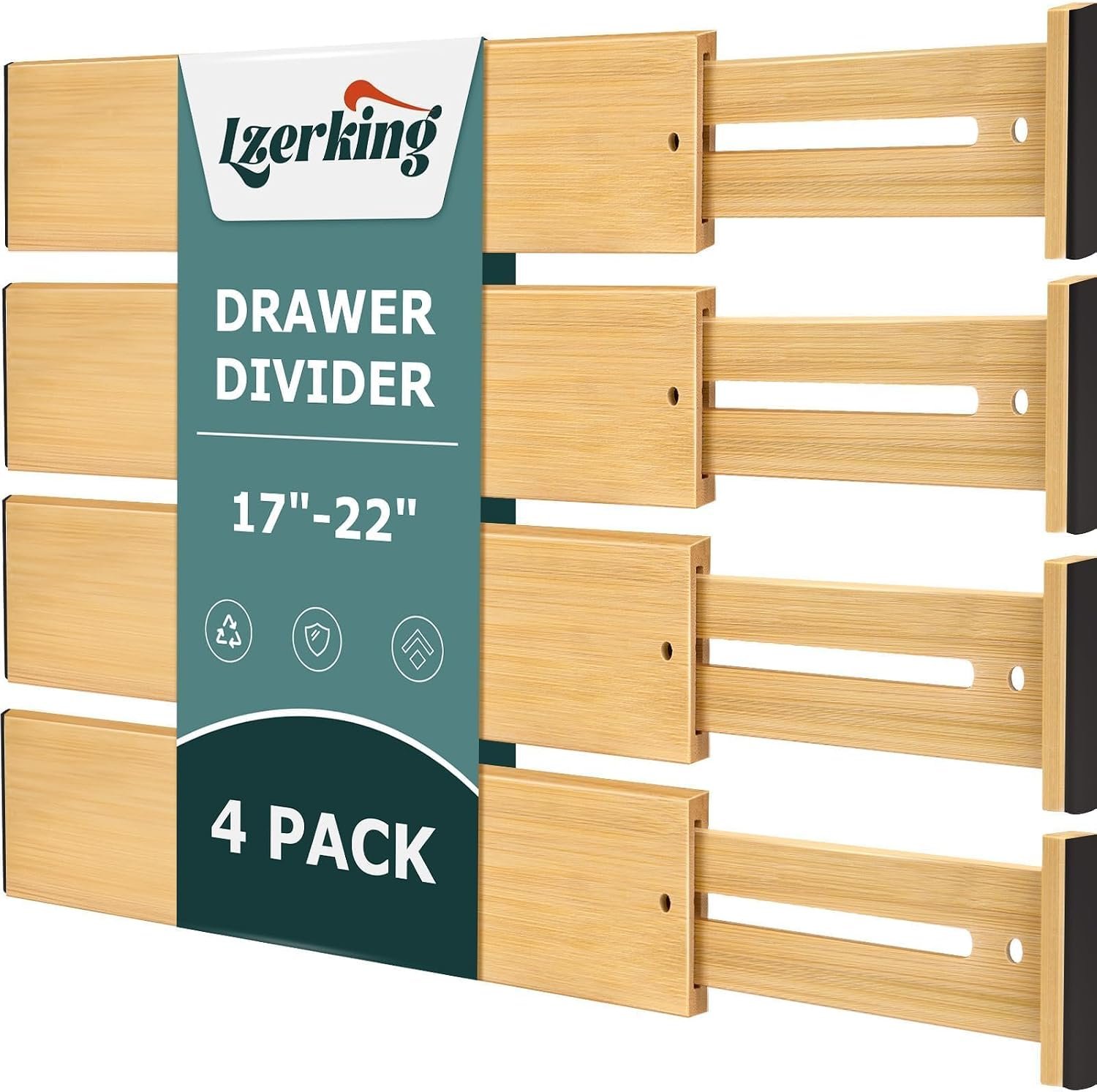 Kitchen Drawer Dividers 4 Pack Adjustable Bamboo Drawer Organizer | 17-22″ Adjustable, Spring Loaded, Expandable Utensil Organizer, Works in Kitchen, Dresser, Bathroom, Bedroom, Closet