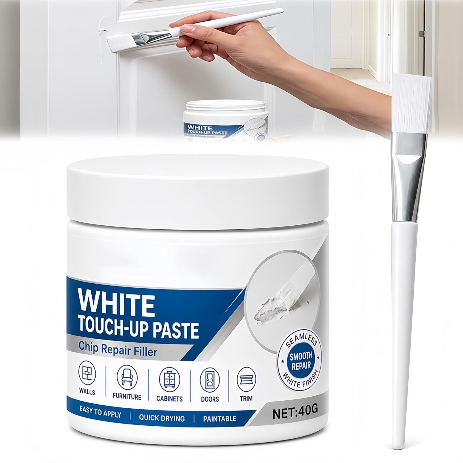 White Furniture Touch Up Paste with Brush, Wood Filler and Wall Repair Cream for Repair Chips and Cracks Across Walls, Cabinets, Doors and Wooden Trim (1PCS)