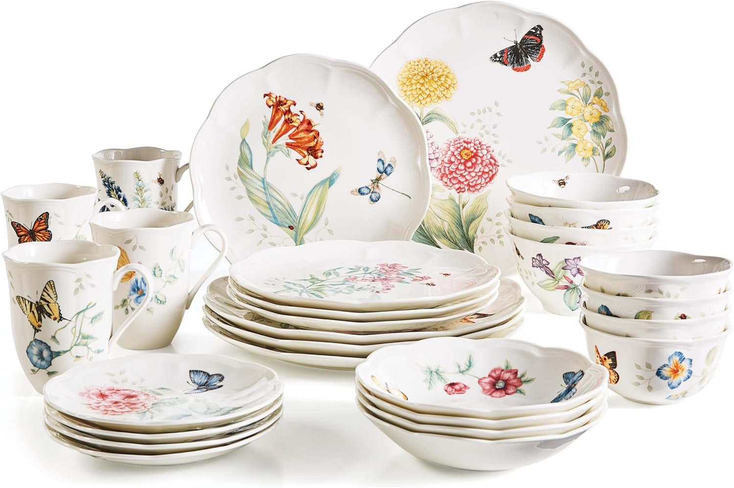 Lenox Butterfly Meadow Porcelain 28-Piece Dinnerware Set for 4 | ceramic, dishwasher safe, microwave safe | plates and bowls sets for kitchen and dining | 11 inch plate