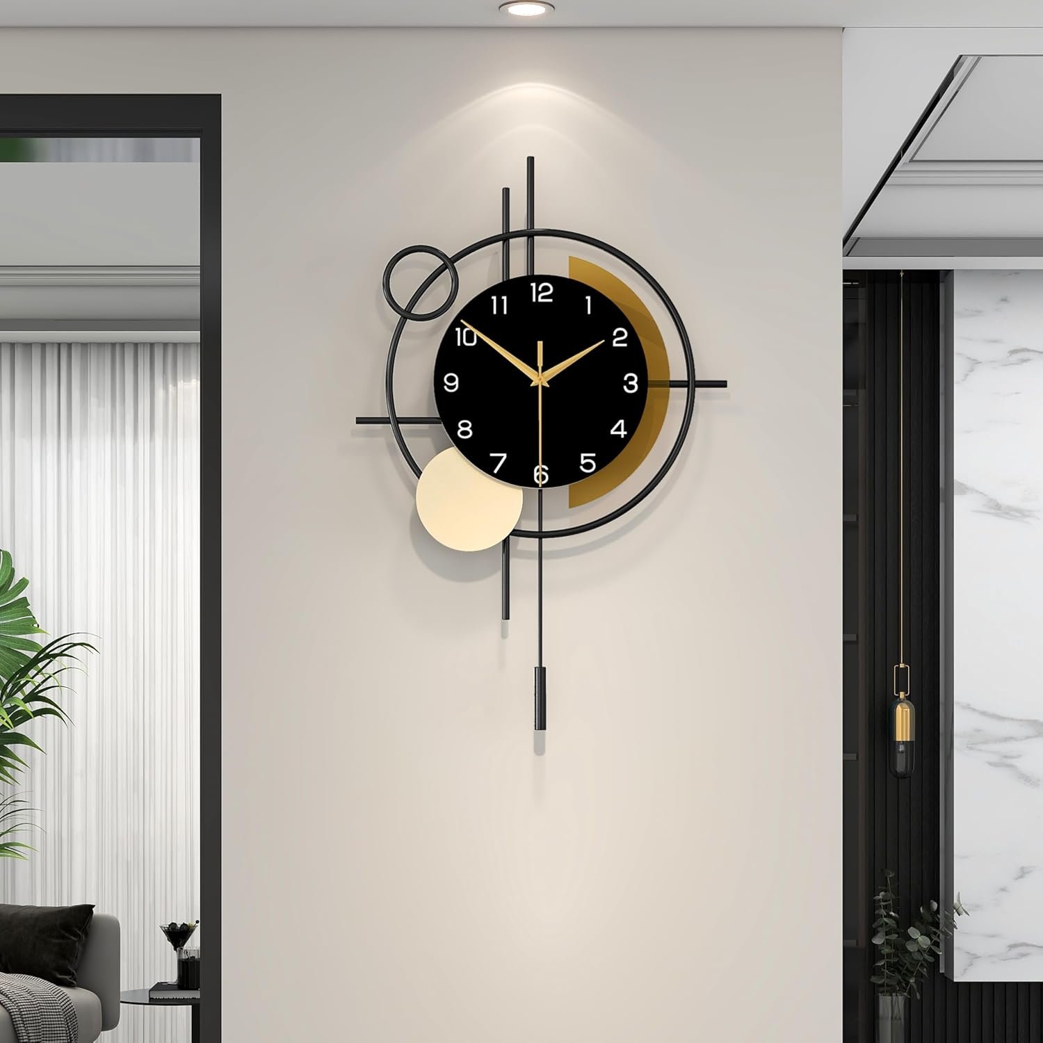 Wall Clock for Living Room Decor Modern Clock Pendulum Silent | Quartz Battery Operated Black Metal Decorative Large Clock for Dining Room,Kitchen,Home,Bathroom,Bedroom, Analog 13.8×21.3 in
