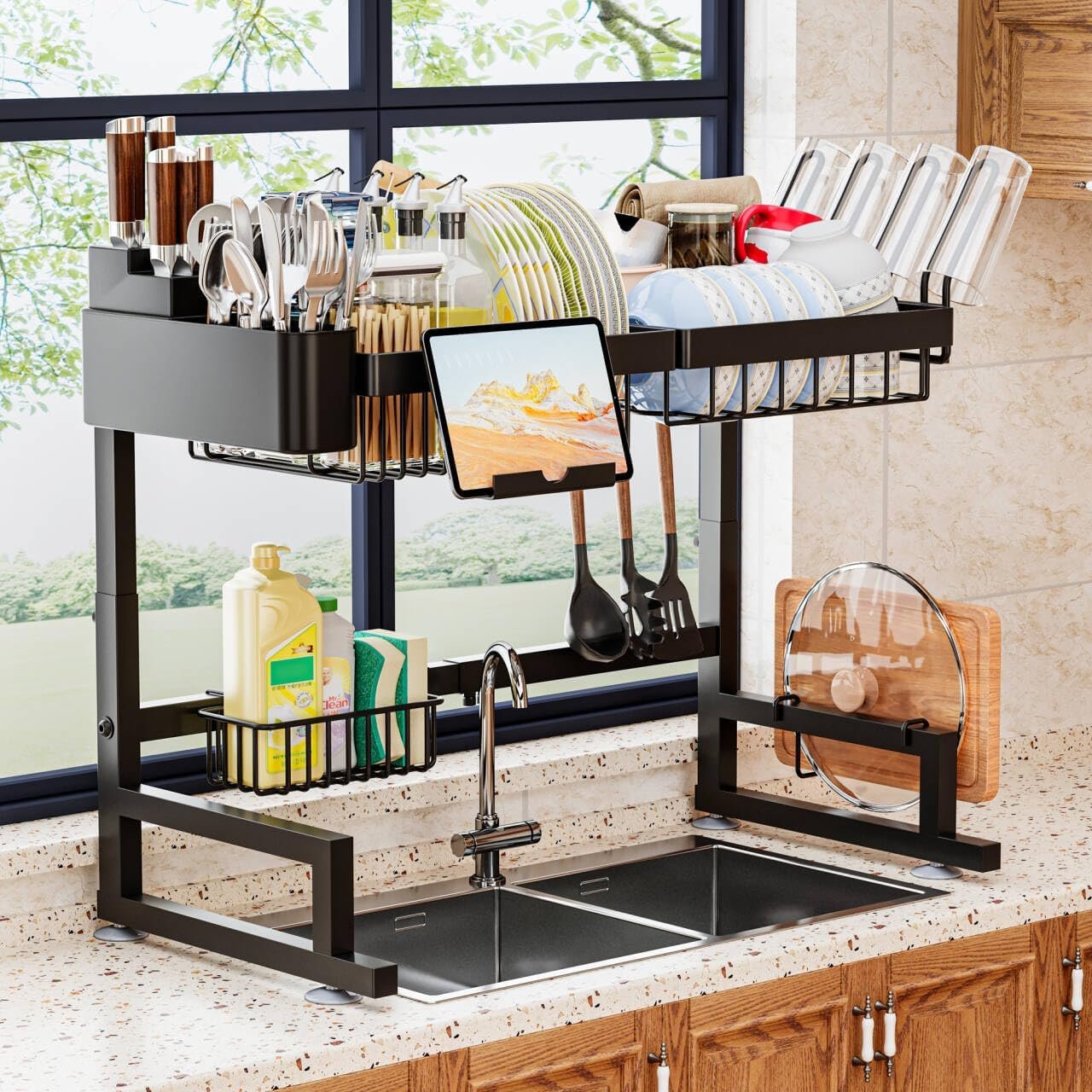ilvvan Over Sink Dish Drying Rack (Expandable Height/Length) Snap-On Design Large Dish Drainer Storage Counter Organizer 24″ – 35.5″(L) x 12″(W) x 19″ – 22″(H)