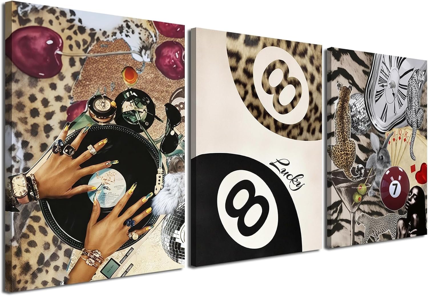 Fashion Cheetah Wall Art Set of 3 Leopard Wall Decor Pictures Lucky 8 Ball Poster Canvas Painting Prints Dark Red Cheetah Artwork for Bedroom Living Room Framed 12×16 inch