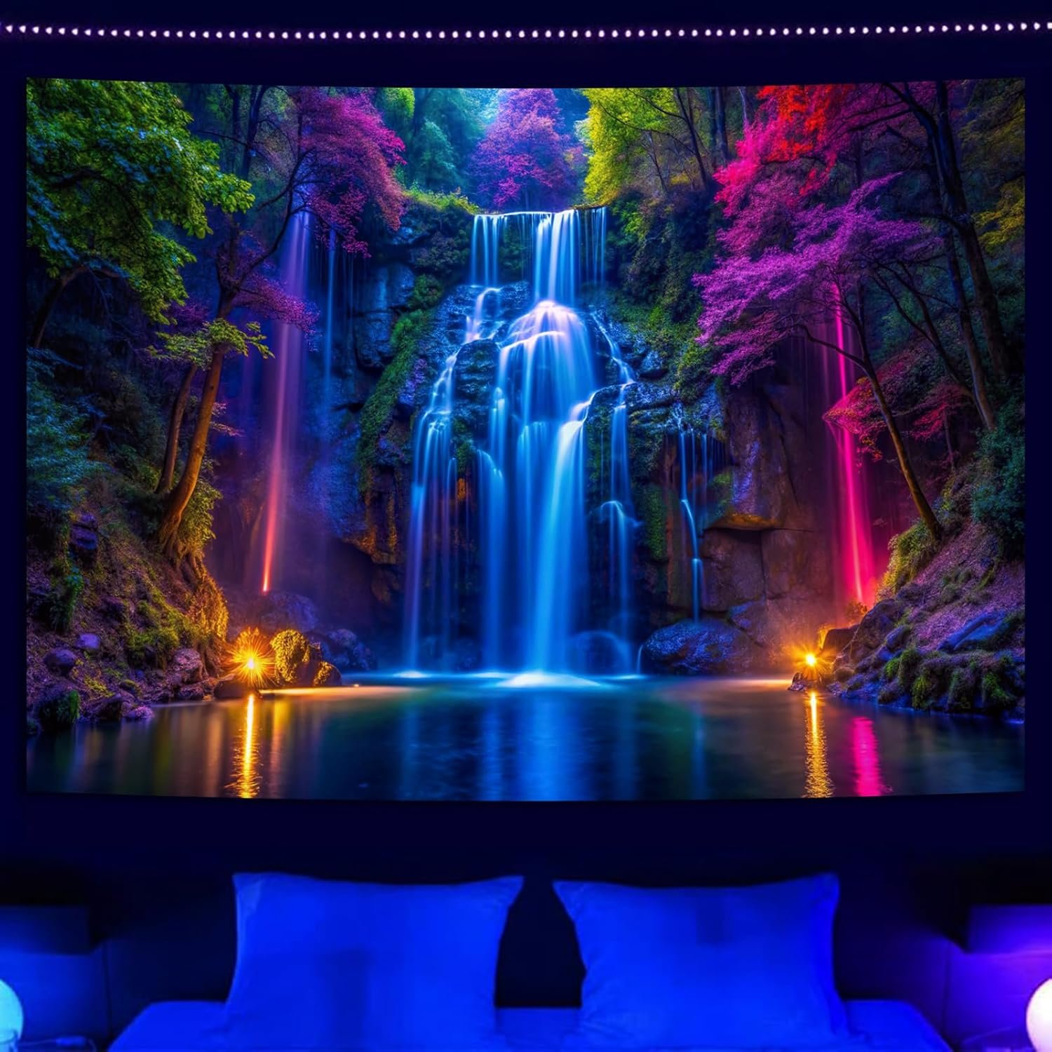 Miytal Blacklight UV Fantasy Forest Waterfall Wall Tapestry for Bedroom | Neon Glow in Black Light, Aesthetic Nature Landscape, Wall Hanging for Teens and Adults, Living Room Ceiling, 51.2″ x 59.1″