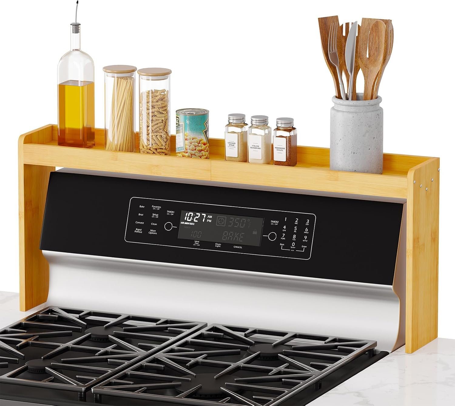 SpaceAid Bamboo Over the Stove Spice Holder Shelf, 31.5″ Kitchen Organizer Stove Spice Top Rack, 11.6″ Height Countertop Storage, Over Oven Back Sink Organization Shelf, Natural
