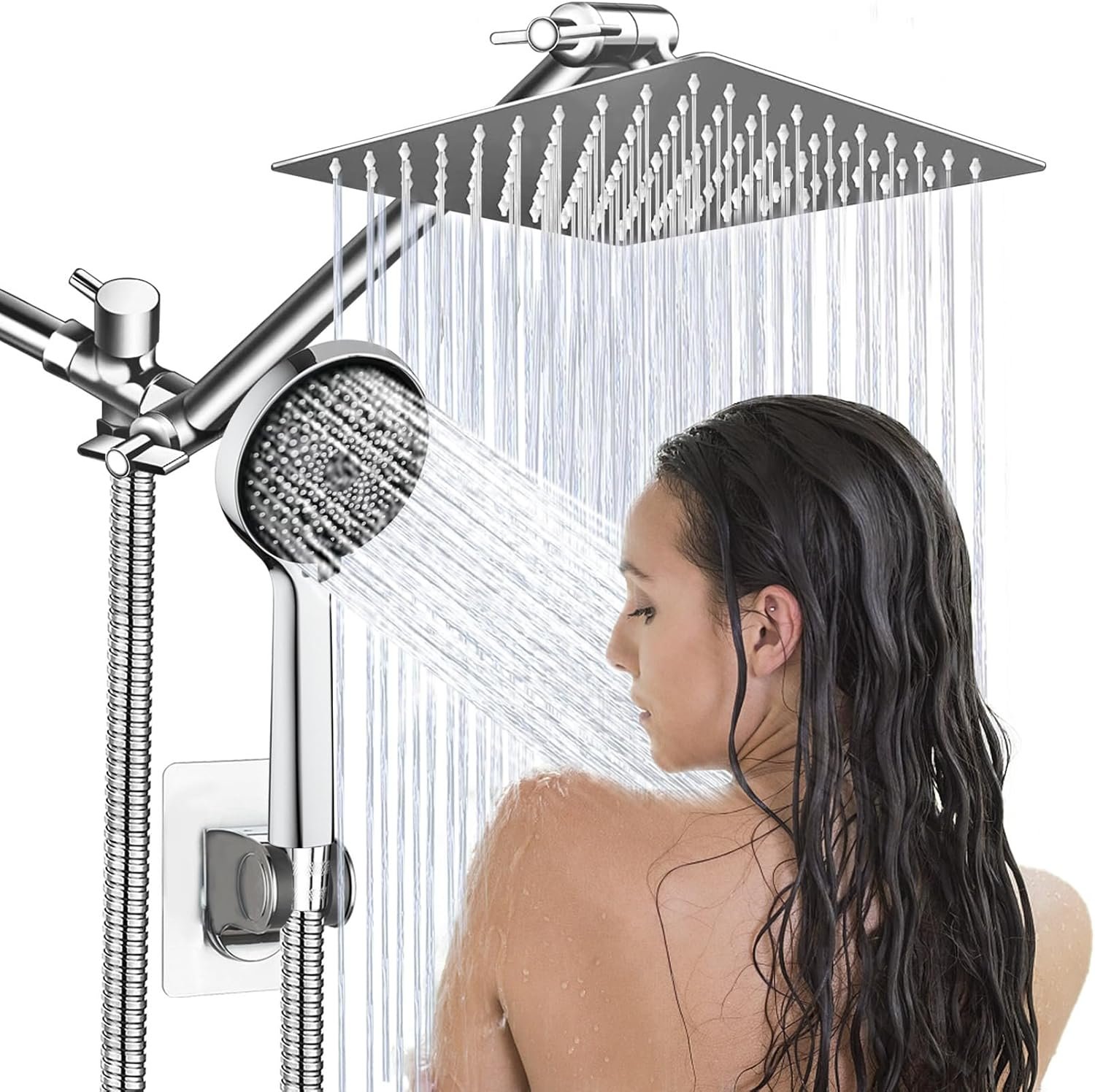Shower Head,8”Rain Shower Head with Handheld Spray Combo with 11” Angle Adjustable Extension Arm/Flow Regulator/Shower System,High Pressure Rainfall Shower Head Bathroom,Chrome