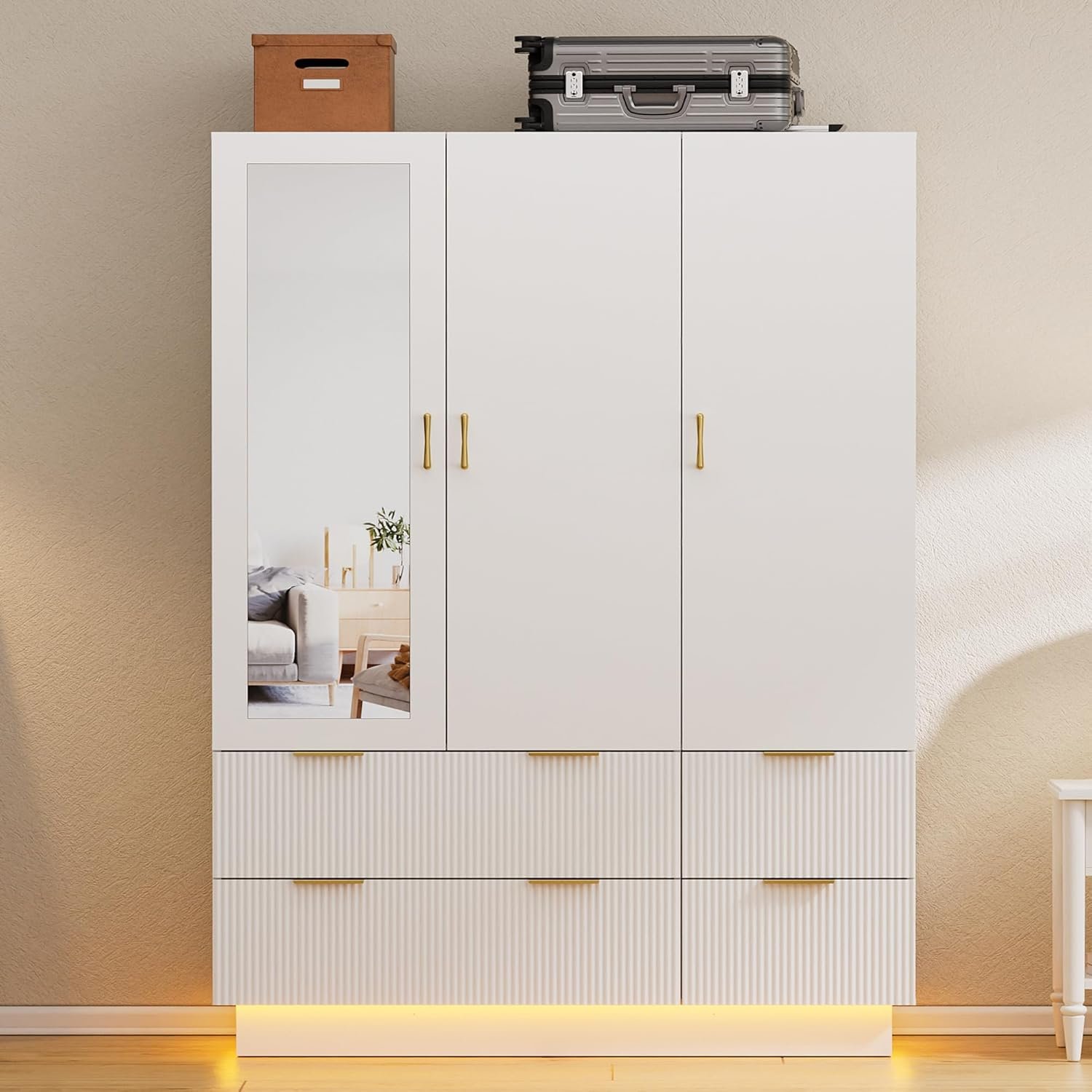 PAKASEPT Armoire Wardrobe Closet with 3 Door, Mirror, LED Lights | Hanging Rod, Drawers, Bedroom Armoires – Large Capacity Storage Wardrobe Armoire for Bedroom