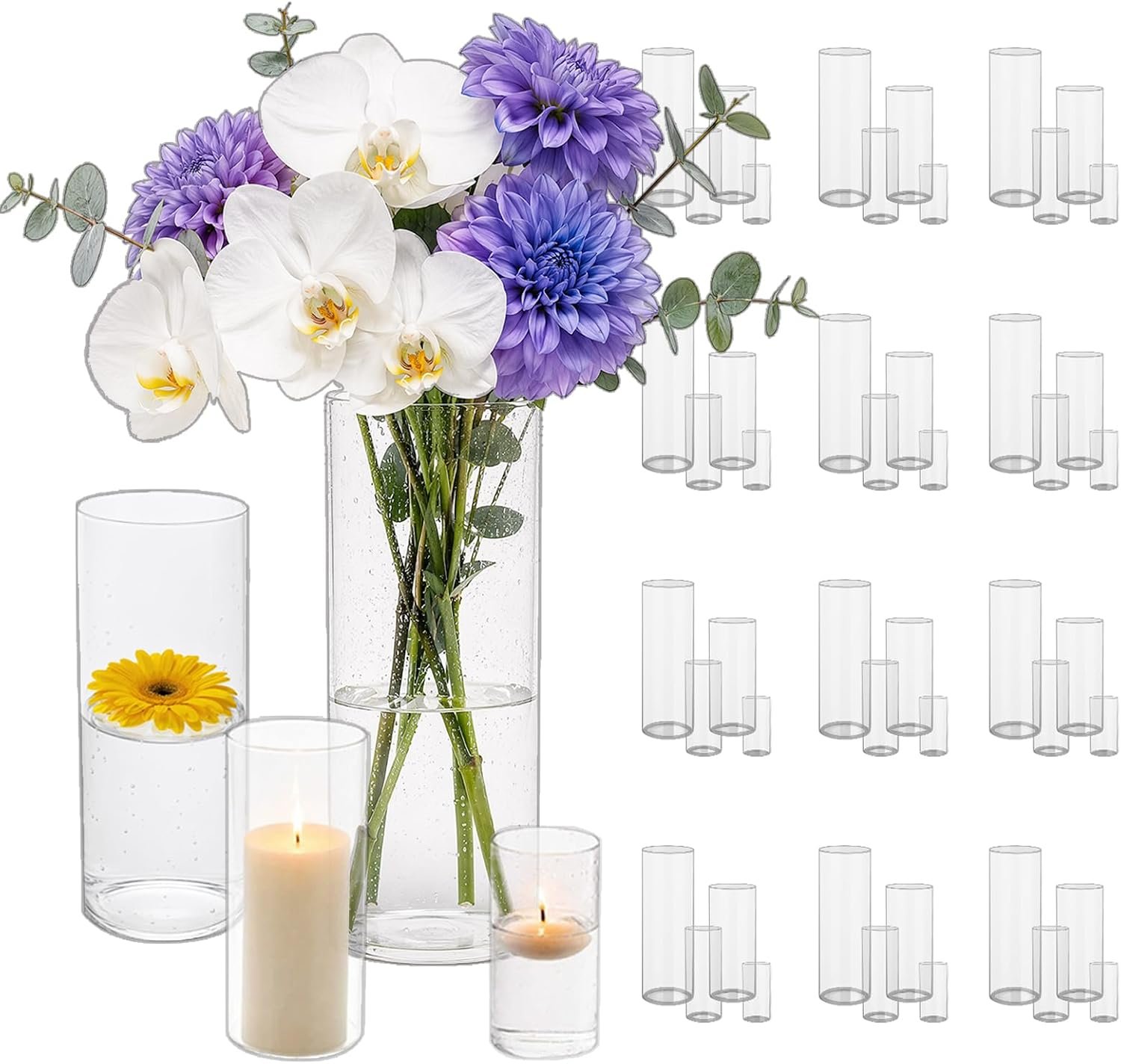 Sandraheer 48 Pack Clear Glass Cylinder Vases for Wedding Centerpiece Decor | 4 Heights: 4,6,8,10″ Glass Cylinder Vases for Flowers, Floating Candle Holders, for Centerpieces, Events & Home Decor
