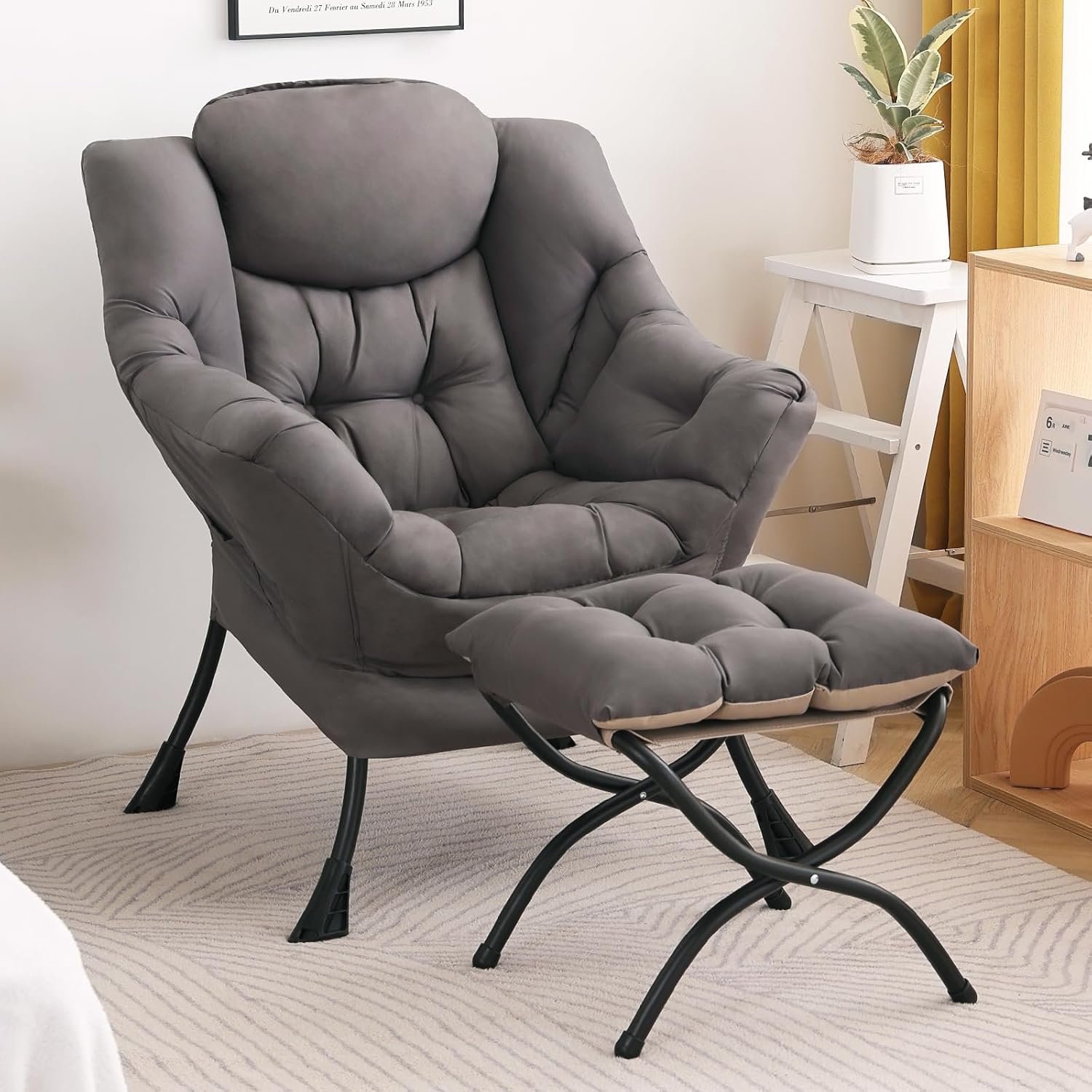 Modern Lazy Chair with Ottoman Lounge Accent Reading Chair for Living Room | Foldable Footstool,Removable Cover,with Armrests & Side Pockets,Upholstered Lounge Chair for Bedroom,Dorm,Office,Small Space