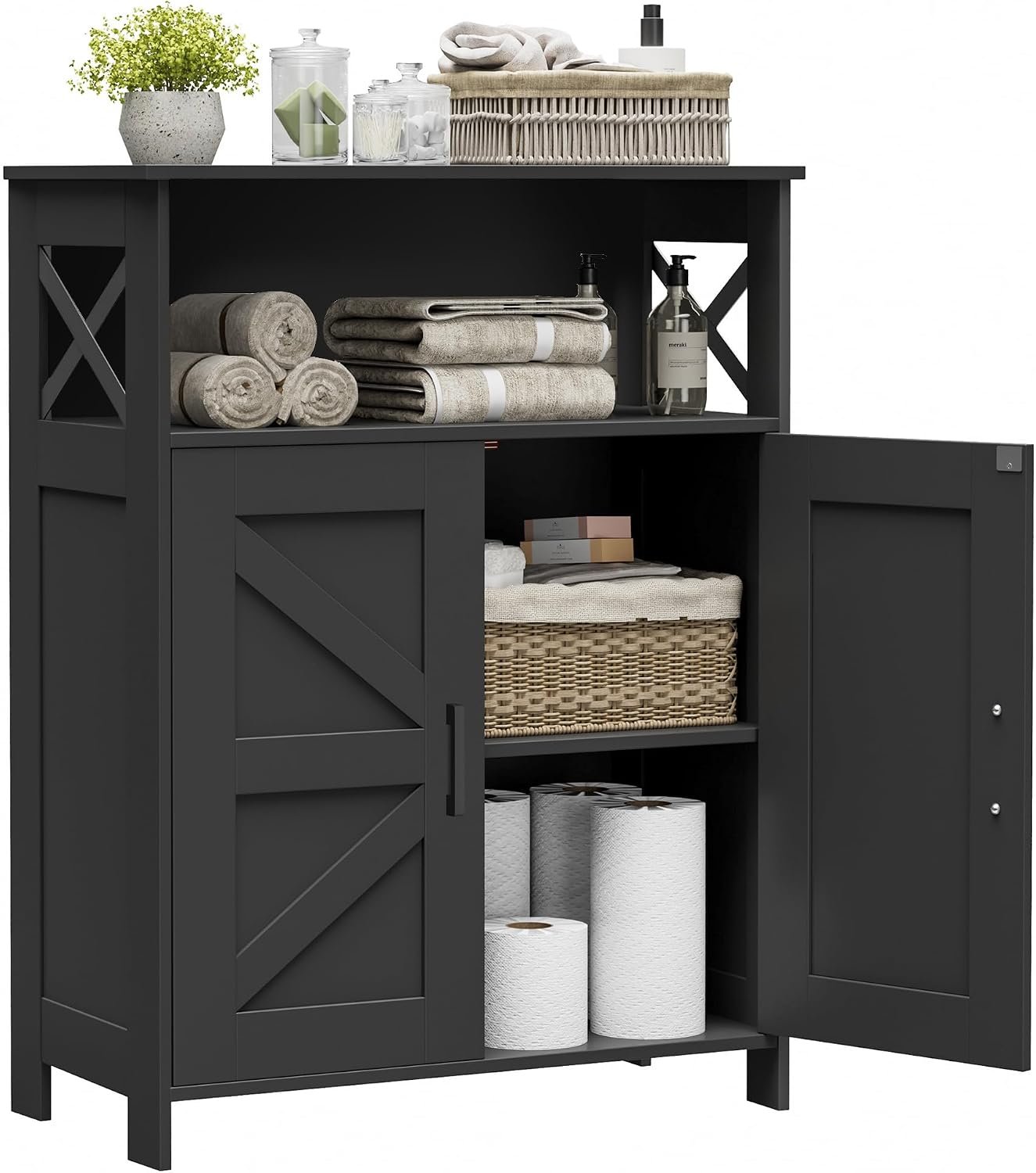 Homhedy Farmhouse Bathroom Storage Cabinet with Doors, Small Floor Cabinet | Toilet Paper Cabinet with Adjustable Shelf, Freestanding Storage Cabinet for Kitchen/Laundry/Living Room, 24″W, Black