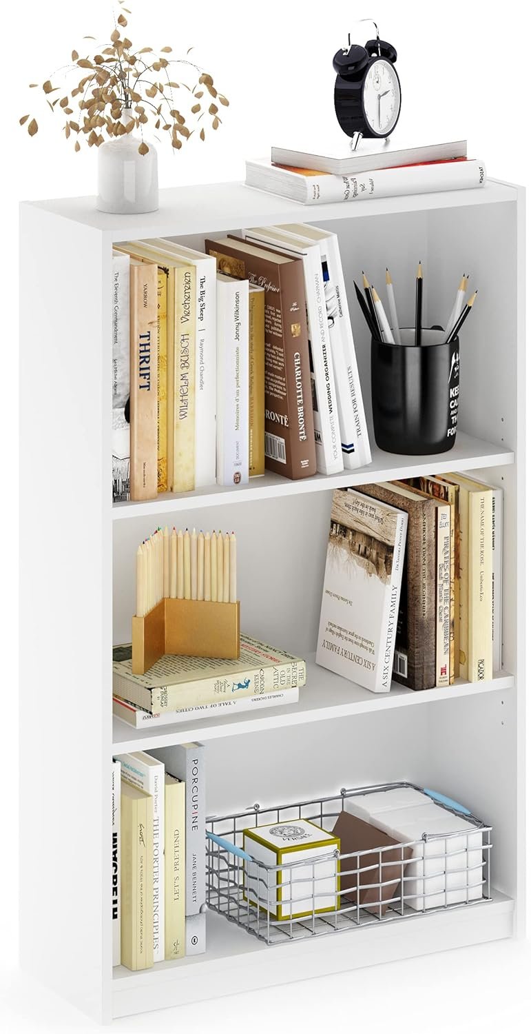 Furinno Jaya Book Shelf, 3-Tier Bookshelf, Bookcase with Adjustable Shelves, 9.5 x 24.5 x 40.3, for Organization and Storage, for Living Room, Bedroom, Home Office, White