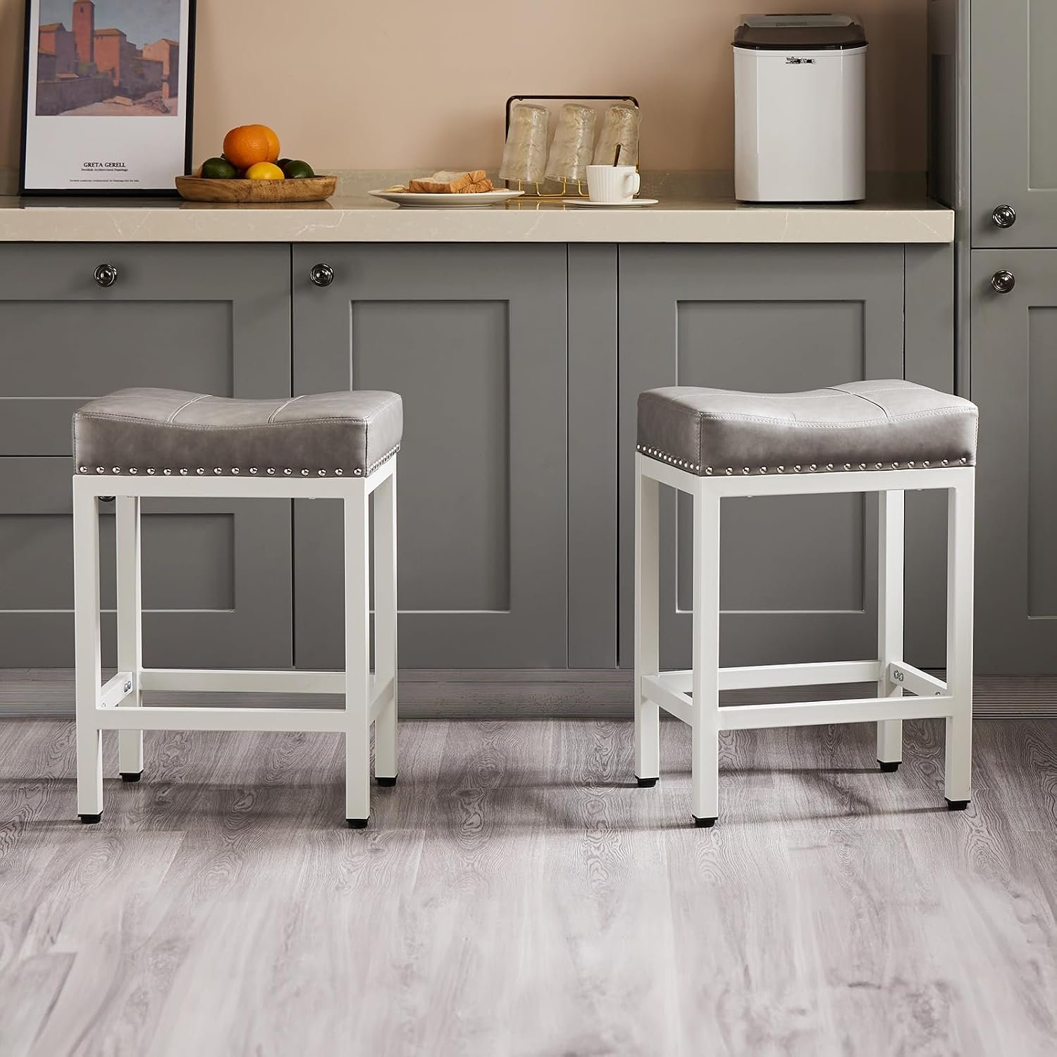 Sweetcrispy 24 Inch Bar Stools Set of 2, PU Leather Counter Height Stools | Upholstered Modern Saddle Barstools with Metal Base and Footrest for Home Bar, Small Apartment, Grey