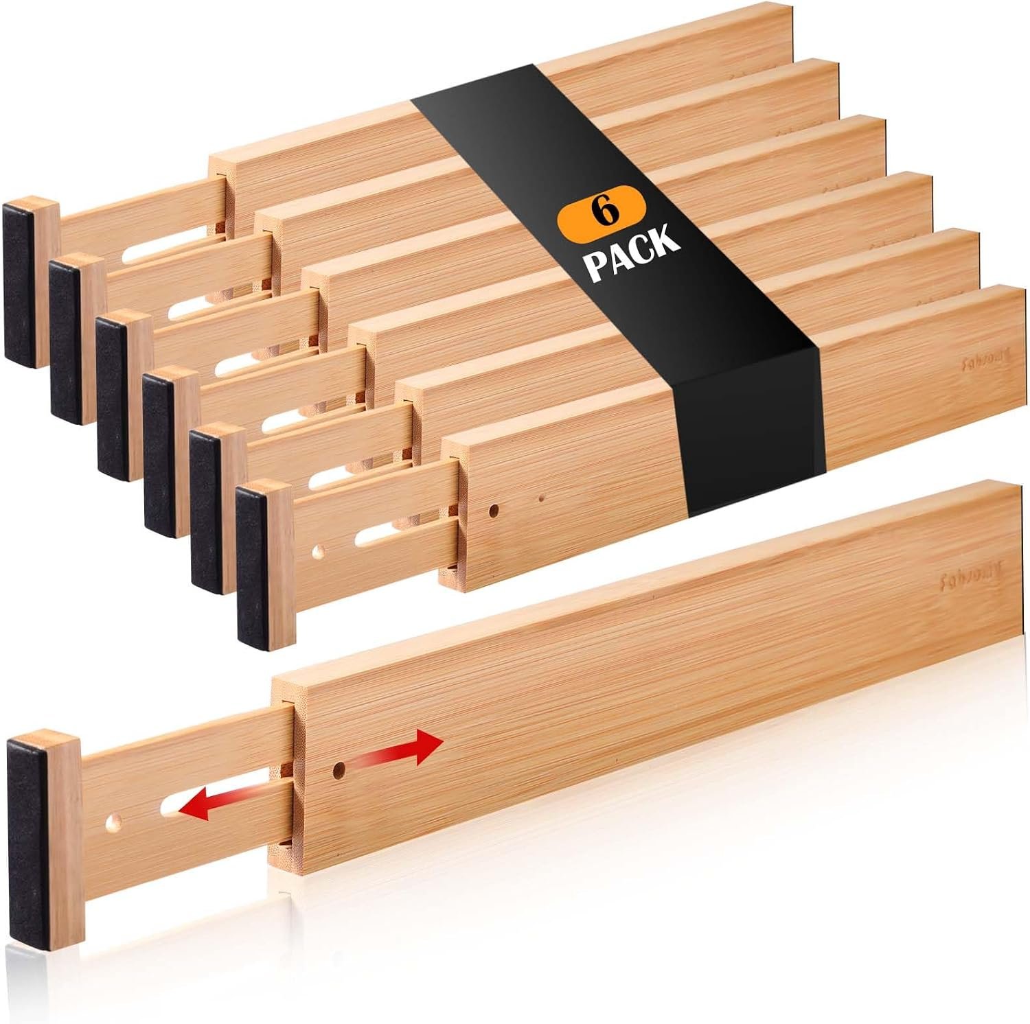 Fabsome Drawer Divider 6 Pack, Bamboo Kitchen Dividers Organizers Adjustable 17”-22”, Wooden Dresser Separators for Nursery Organization Clothes Socks Underwear Baby Clothing, with Soft Foam Ends
