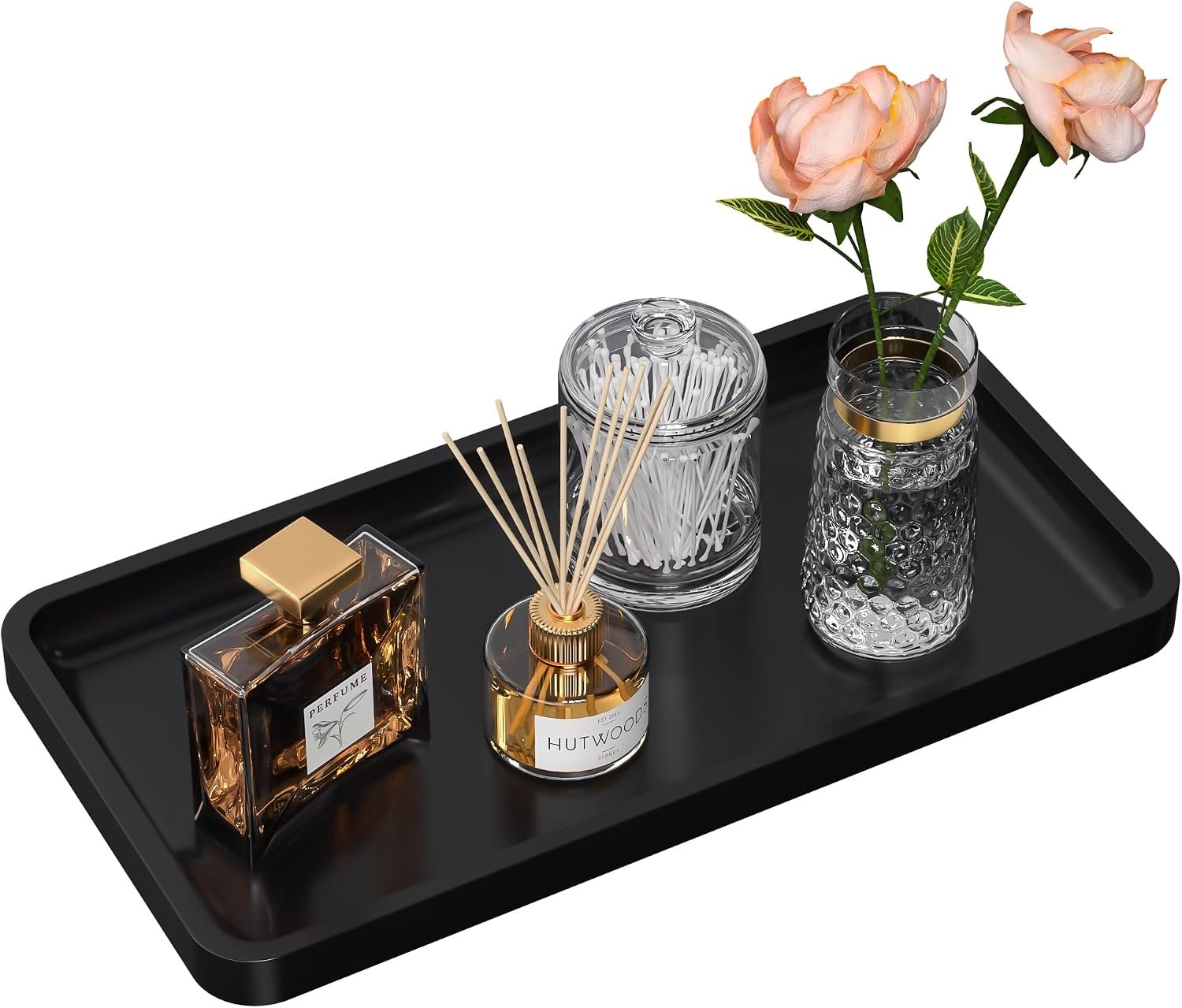 Bathroom Vanity Tray for Countertop – Bamboo Organizer Tray for Dresser Tops, Toilet, Perfume Small Decorative Tray Wood Tray for Home Decoration 11.81” L x 6.1” W x 0.79” H Black