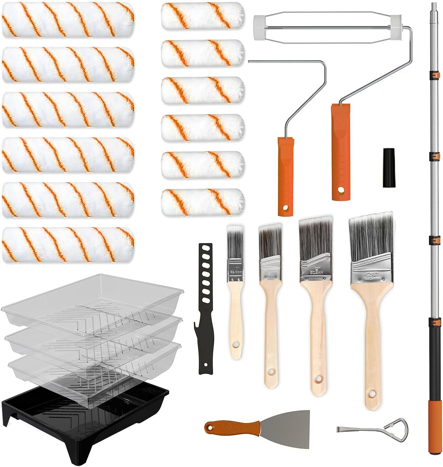 Paint Roller Kit, 27 Piece Paint Supplies, 9″4″ Paint Rollers, 1-4FT Extension Pole, Paint Brushes for Walls, Microfiber Roller Covers for Professional Painting, Orange