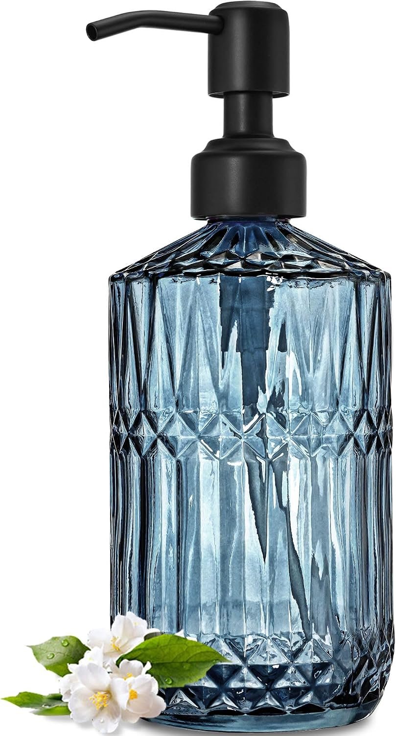 JASAI 18 Oz Blue Soap Dispenser with Black Rust Proof Pump | Refillable Bathroom Soap Dispenser with Thick Glass, Kitchen Soap Dispenser for Hand Soap, Dish Soap, Lotion.(Blue)