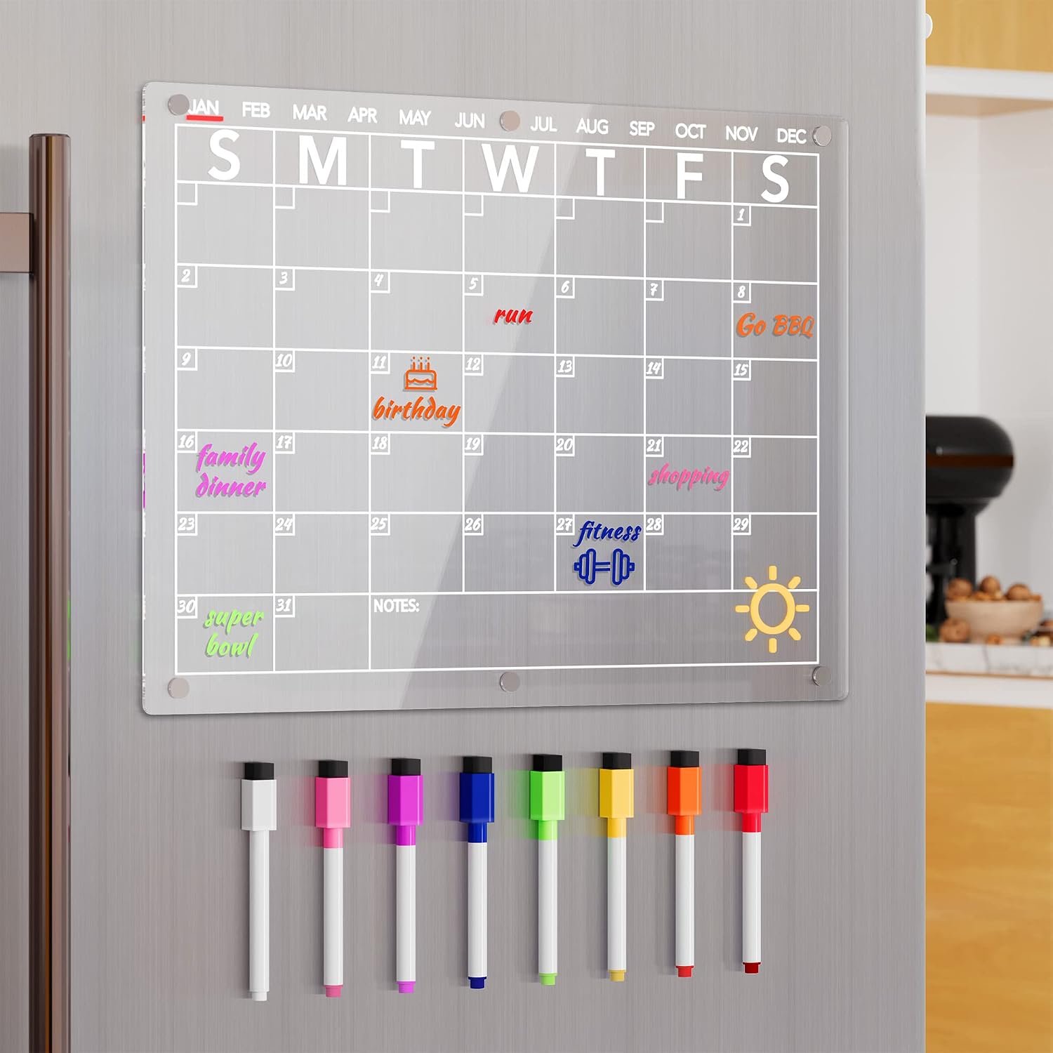 Neatsure Acrylic Magnetic Dry Erase Board Calendar for Fridge, Clear Monthly Planner Whiteboard for Refrigerator, w/ 8 Colors Markers, 15″x11″