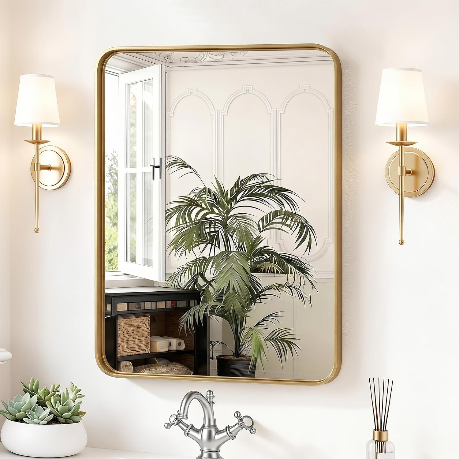 Sweetcrispy Bathroom Wall Mirror, 30×22 Inch Mirror for Over Sink, Gold | Modern Wall Mount Vanity Mirror, Rounded Rectangle with Matte Brush Metal Framed, for Home Decor, Living Room, Bedroom