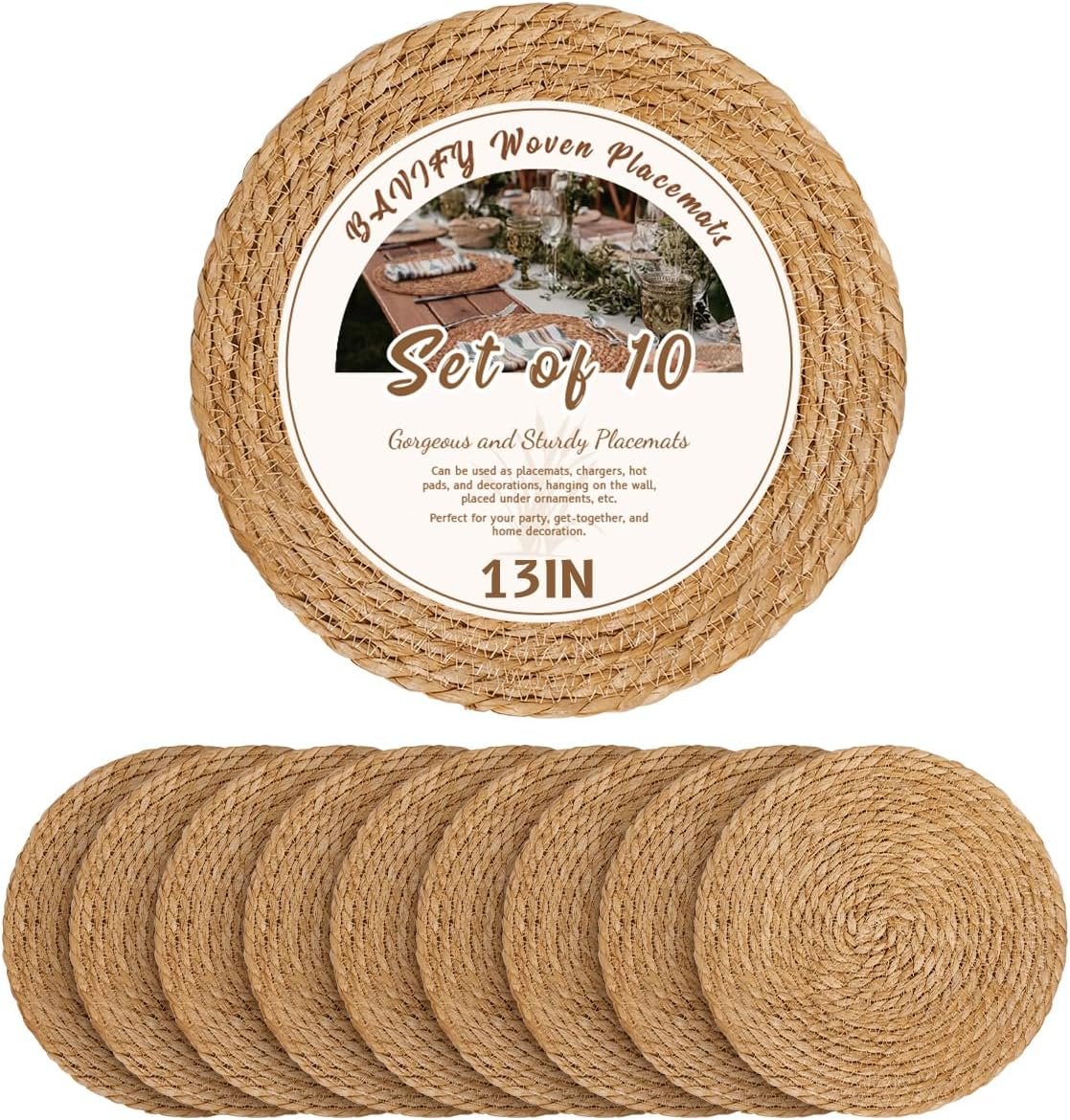 BAVIFY 13″ Round Woven Placemats Set of 10, Plate Chargers for Dining Table | 13 Inch Place Mats Set of 10, Wicker Chargers for Dinner Plates, Boho Farmhouse Rustic Table Mats for Dining Table Decor