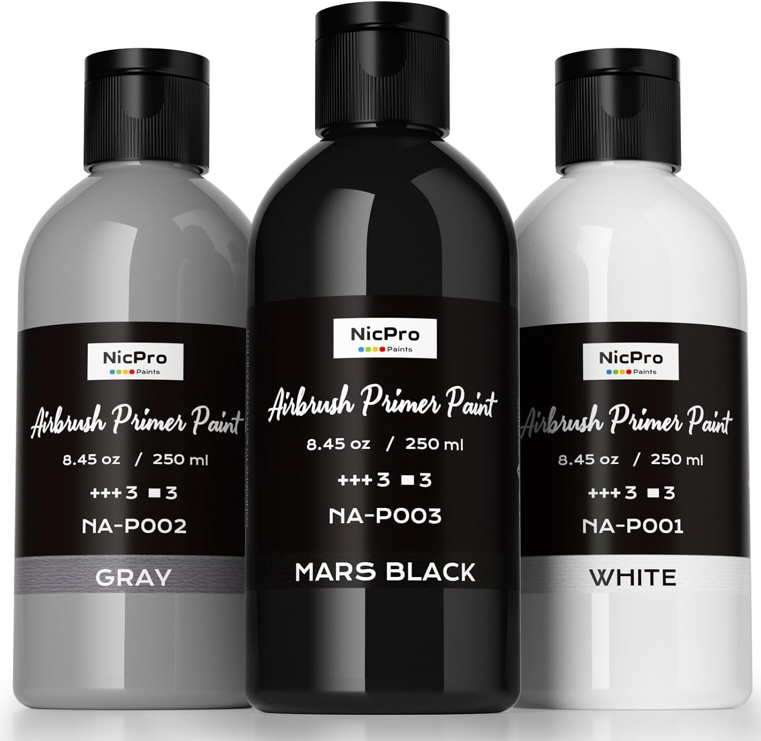 Nicpro Black, Gray, White Surface Primer Airbrush Paint (8.4oz, 250 ml) | Matte Finish, Ready To Spray Air Brush Acrylic Primer for Beginner & Artist Priming Plastic Models, Miniature Figures, Craft