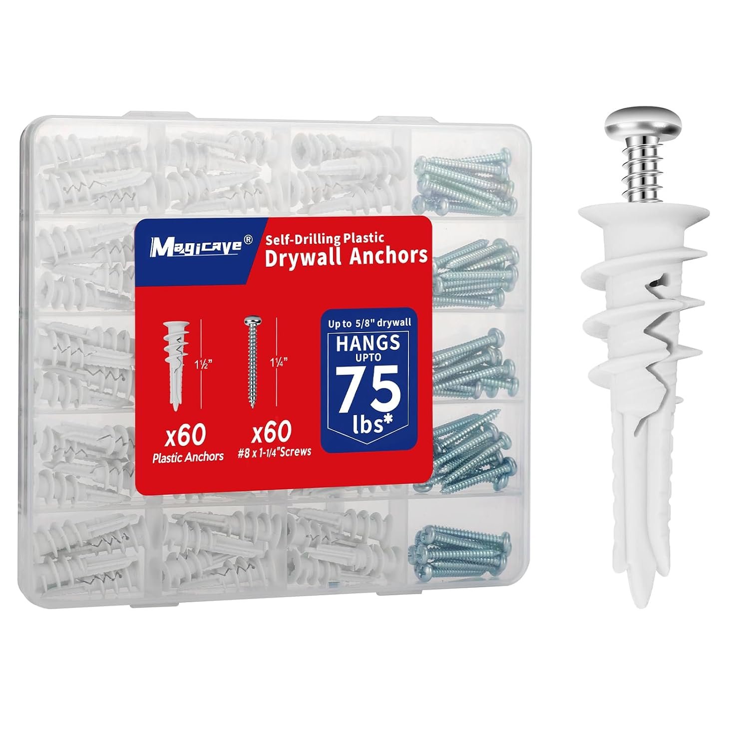 Self Drilling Drywall Anchors with Screws Kit 120 Pcs, No Pre Drill Required, Heavy Duty Holds Up to 75 LB, #8 x 1-1/4, for Sheetrock Shelves and Mirrors