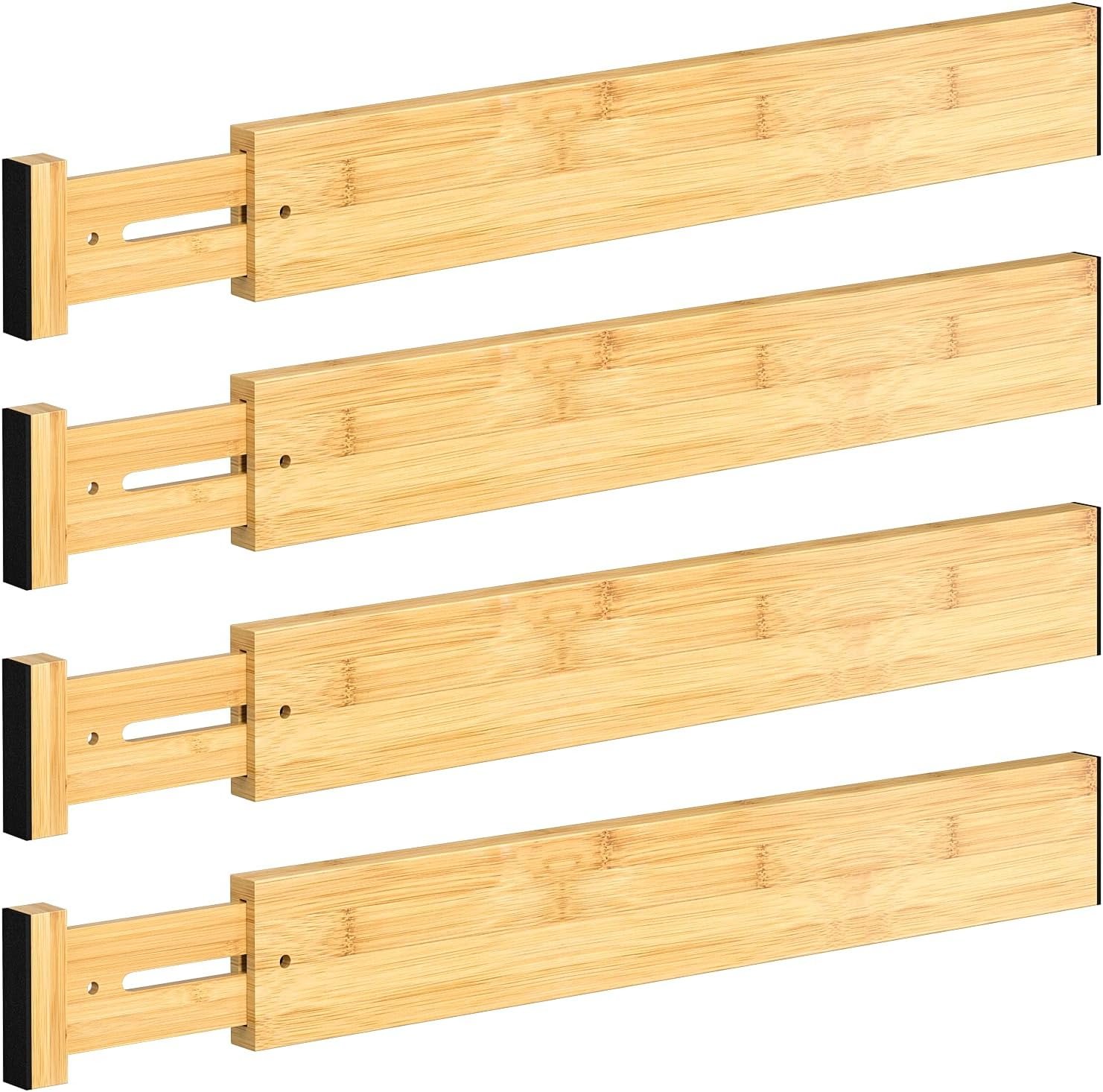 4 PCS Drawer Divider, 17″-22″ Adjustable Bamboo Drawer Dividers Organizers, Expandable Separators for Kitchen, Clothes, Dressers, Home, Office