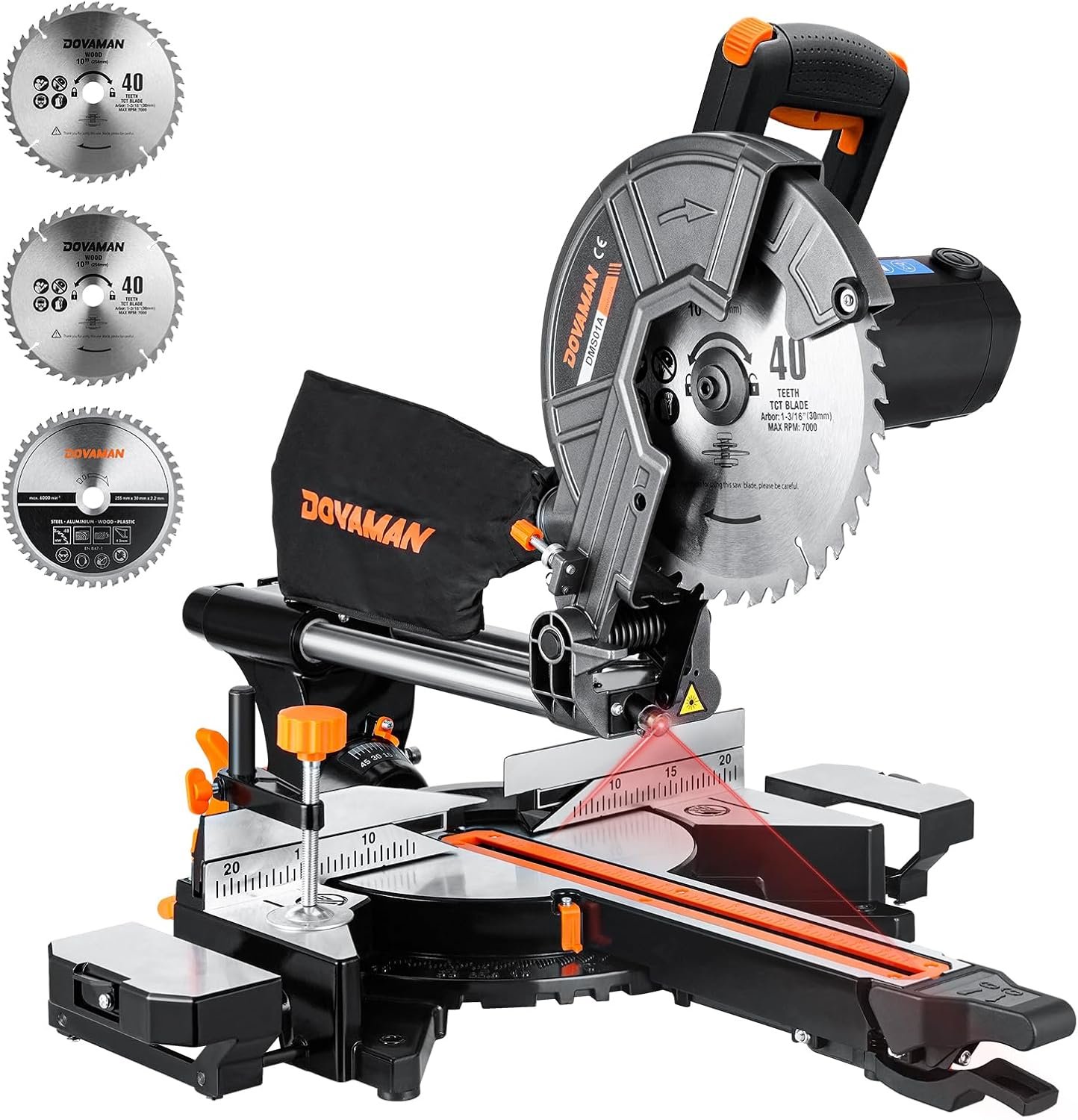DOVAMAN Updated 10-Inch Sliding Miter Saw, Multi-Material Cutting w/ 3 x TCT Blades, Ambidextrous Operation, 5000/3200RPM Speed, Laser Guide, 0-45° Bevel Cut, Max Cut 3.5×13.4in, 9 Positive Stops