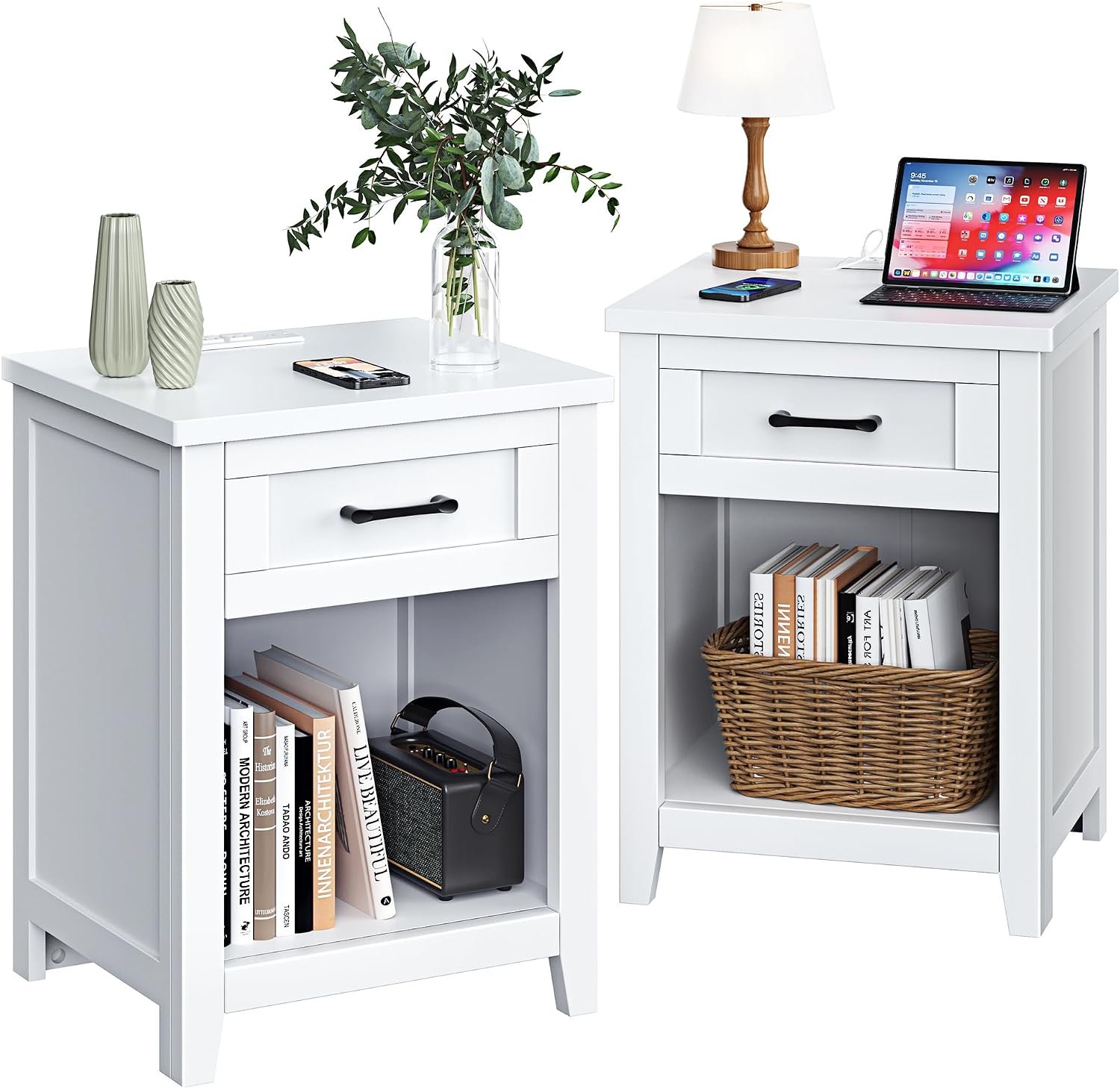 Decofy Farmhouse Nightstand with Charging Station & Large Storage, Set of 2 Modern End Tables with Outlets, USB Ports and Type-C Ports, Easy Assembly for Bedroom (Pure White)