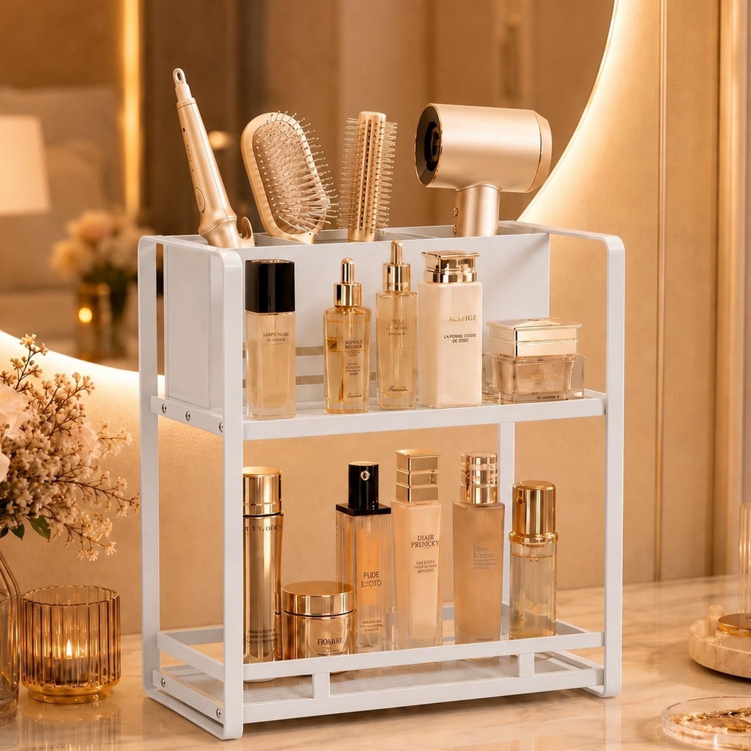 Bathroom Counter Organizer, Metal Vanity Shelf with Hair Dryer Holder | 2 Tier Hair Tool Organizer, Large Capacity Space-Saving, For Perfume, Skincare & Makeup Storage