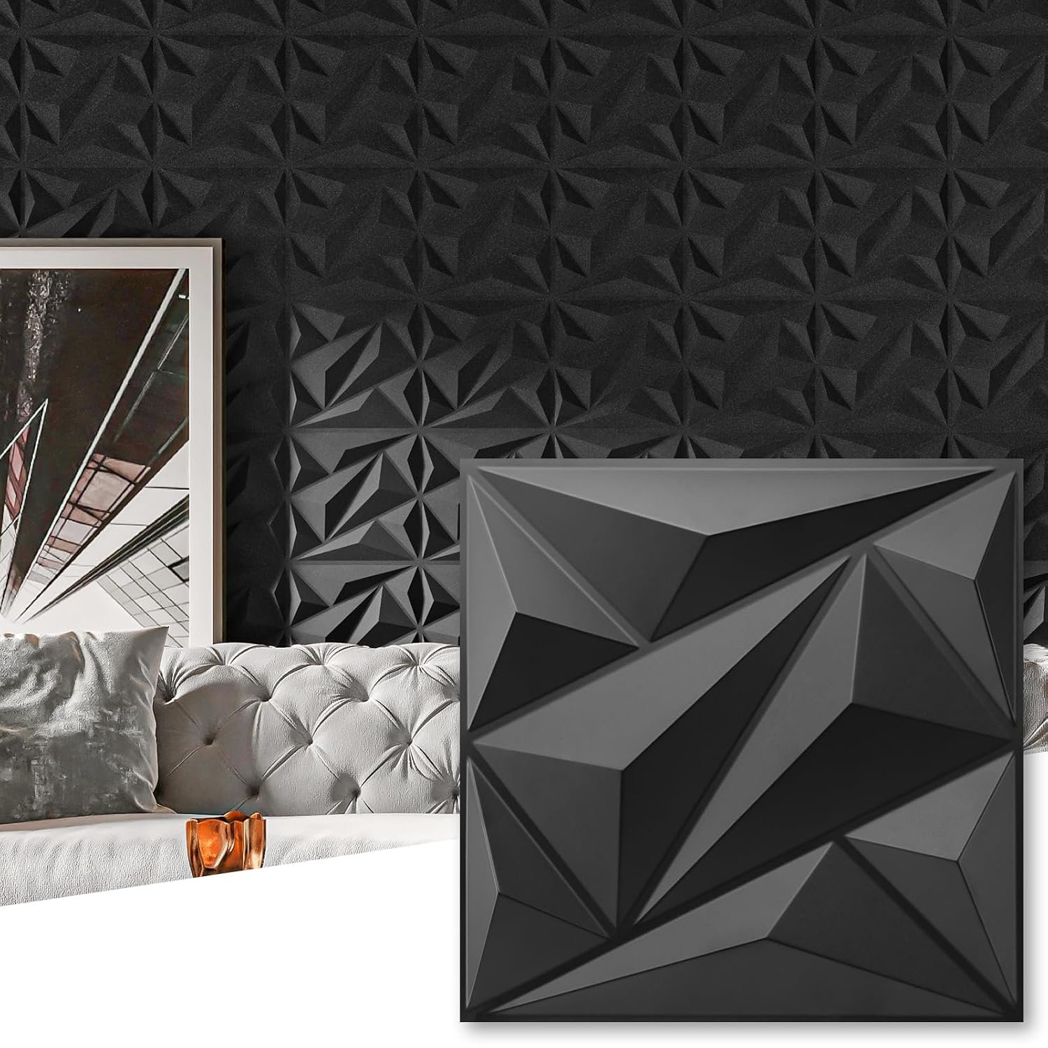 50 Pack Wall Panels for Interior Wall Decor, Black | 12”x12” PVC Accent Wall Panels for Bedroom Decor, Living Room Lobby Bedroom Hotel Office