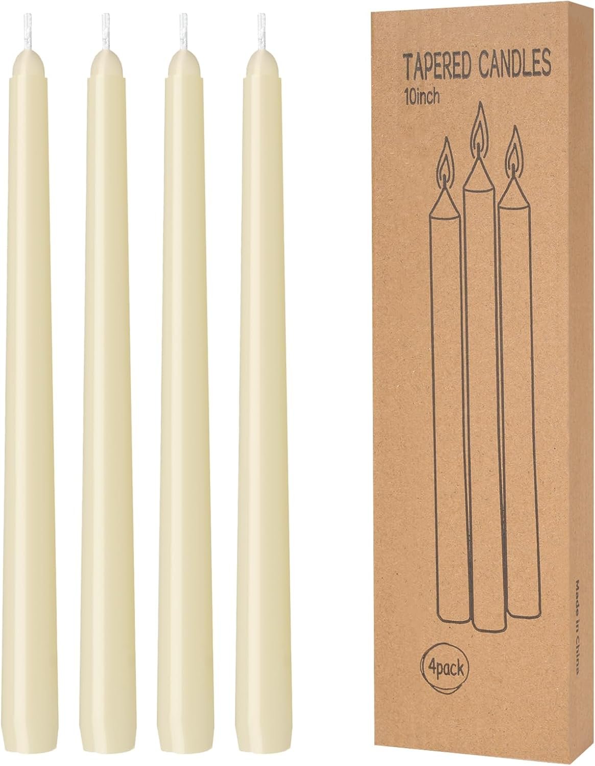 4 Pack Ivory Taper Candles – Taper Candles 10 Inch Dripless, Smokeless & Unscented – 8 Hours Long Burning – Hand Poured Tall Candlesticks – Ideal for Weddings, Dinner Parties, and Home Decor