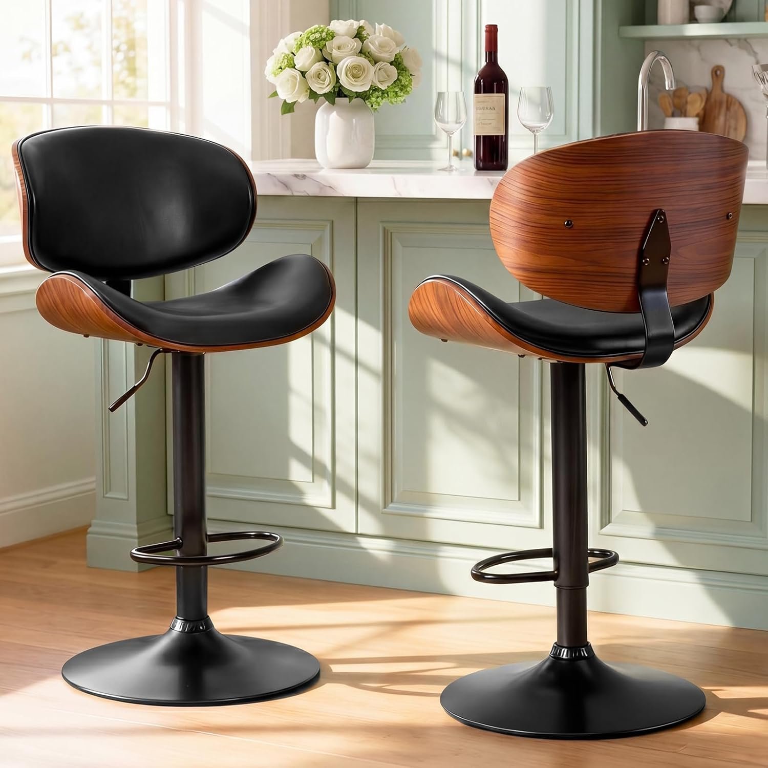 DUMOS Swivel Bar Stools Set of 2, Adjustable Counter Height Bar Chairs | 24-33 Inch Adjustable Height Bar Stools with PU Leather Upholstery & Ergonomic Back Footrest for Kitchen Island, Black